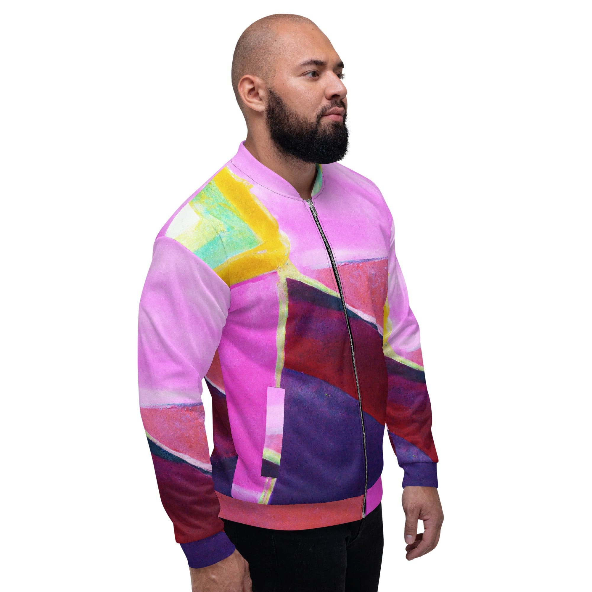 Men's bomber jacket featuring a vibrant pink and purple pattern, designed with a zip-front closure and ribbed cuffs for a stylish and comfortable fit.