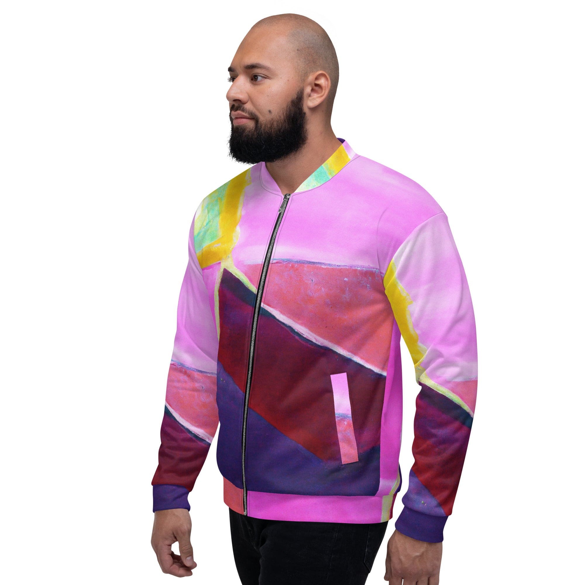 Men's bomber jacket featuring a vibrant pink and purple pattern, designed with a zip-front closure and ribbed cuffs for a stylish and comfortable fit.