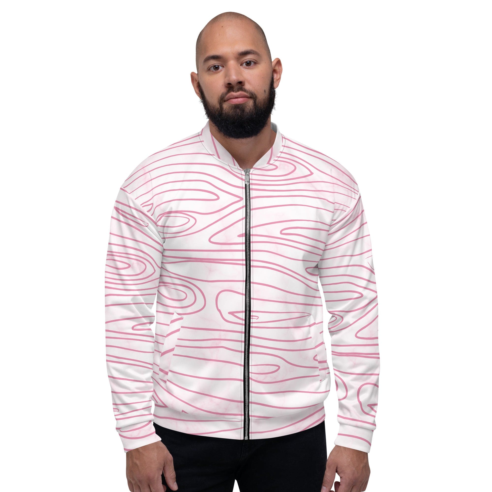 Men's bomber jacket featuring a pink line art sketch print, showcasing a stylish design with ribbed cuffs and zip-front closure.