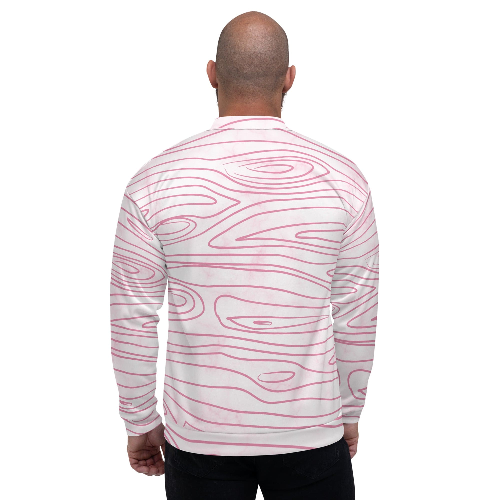 Men's bomber jacket featuring a pink line art sketch print, showcasing a stylish design with ribbed cuffs and zip-front closure.