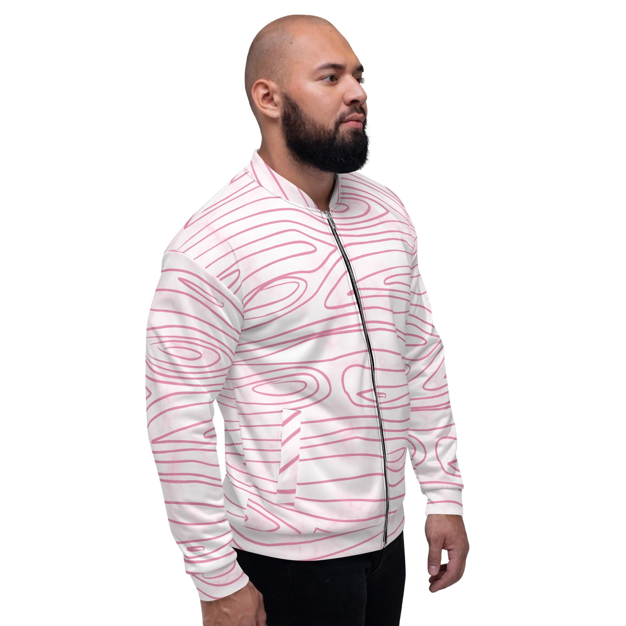 Men's bomber jacket featuring a pink line art sketch print, showcasing a stylish design with ribbed cuffs and zip-front closure.