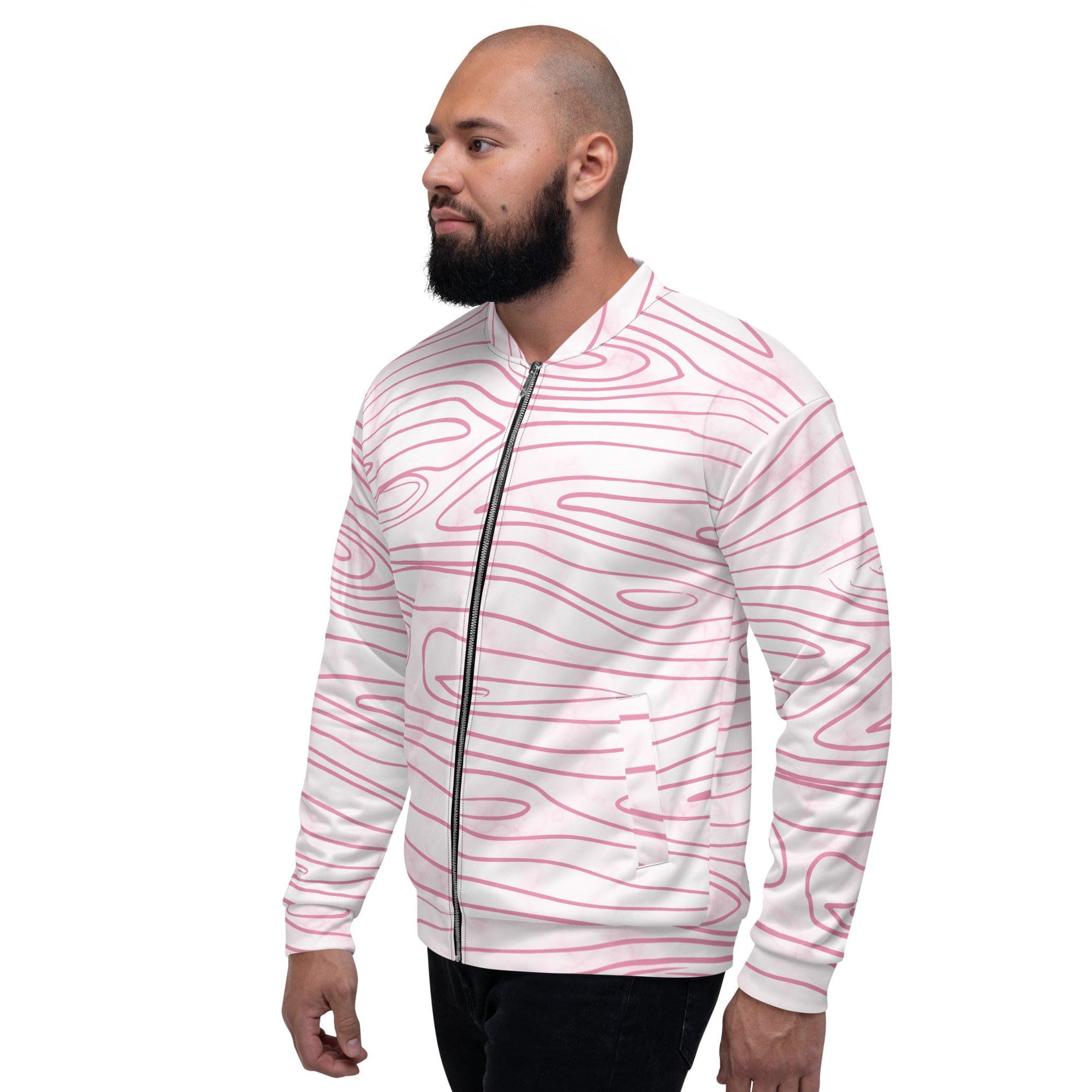 Men's bomber jacket featuring a pink line art sketch print, showcasing a stylish design with ribbed cuffs and zip-front closure.