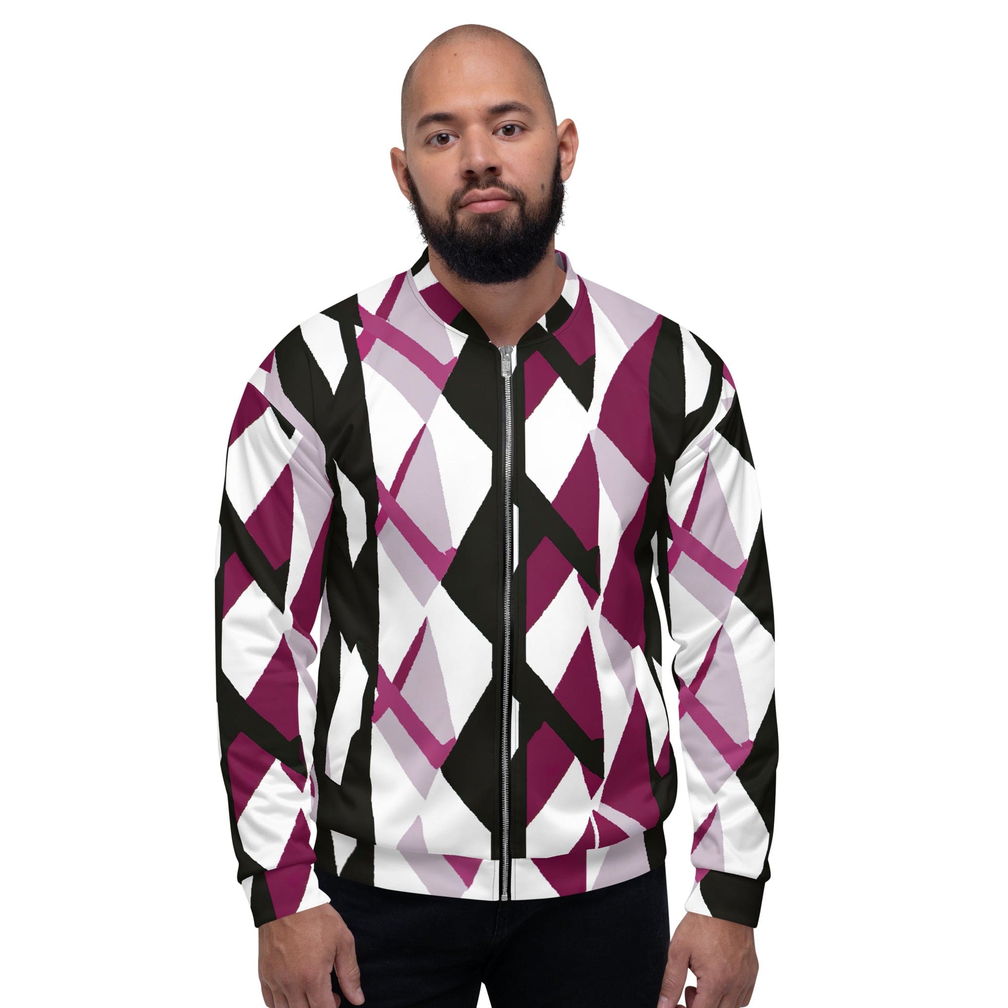 Men's bomber jacket in pink mauve pattern featuring zip-front closure and ribbed cuffs, ideal for stylish layering.