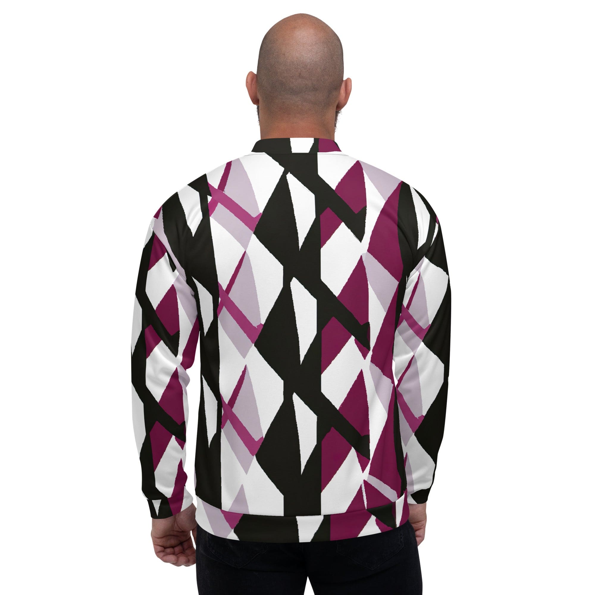 Men's bomber jacket in pink mauve pattern featuring zip-front closure and ribbed cuffs, ideal for stylish layering.