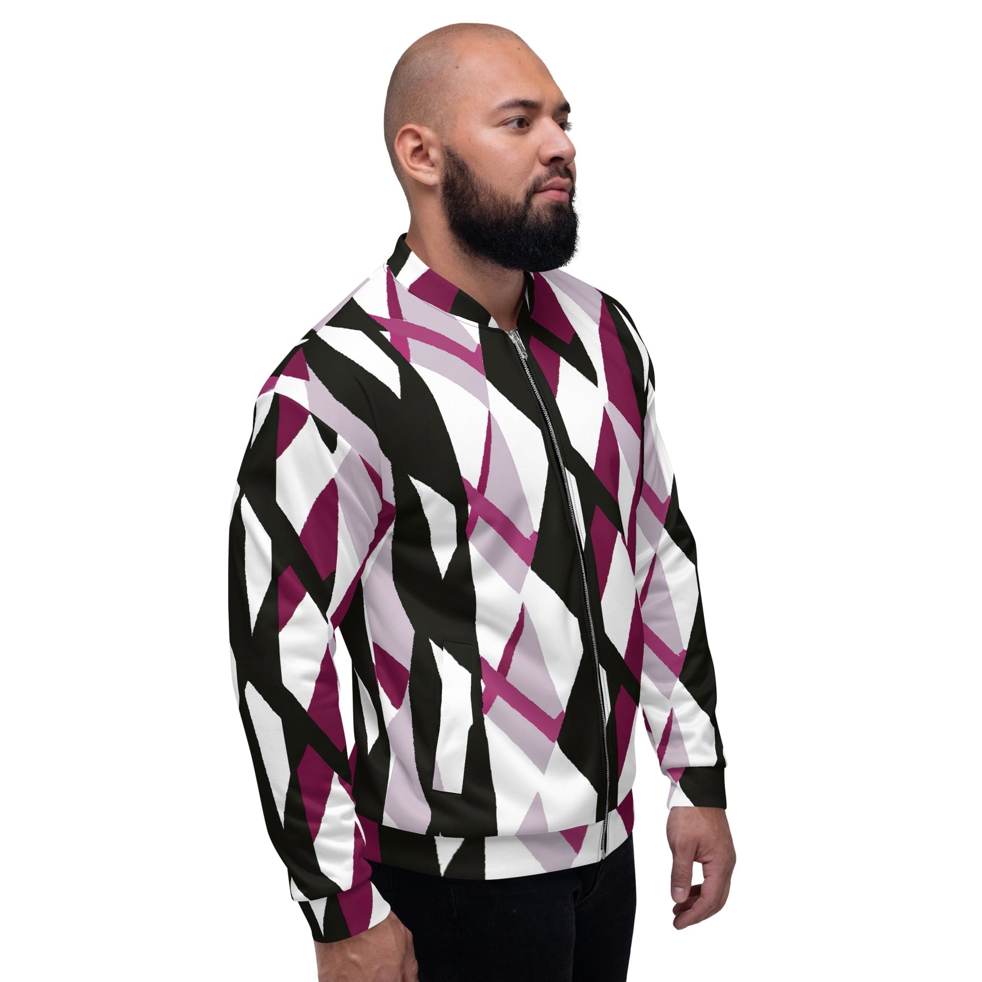 Men's bomber jacket in pink mauve pattern featuring zip-front closure and ribbed cuffs, ideal for stylish layering.