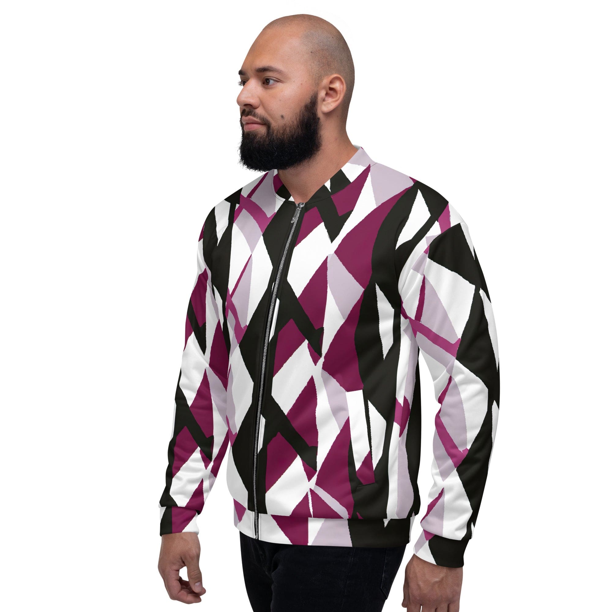 Men's bomber jacket in pink mauve pattern featuring zip-front closure and ribbed cuffs, ideal for stylish layering.