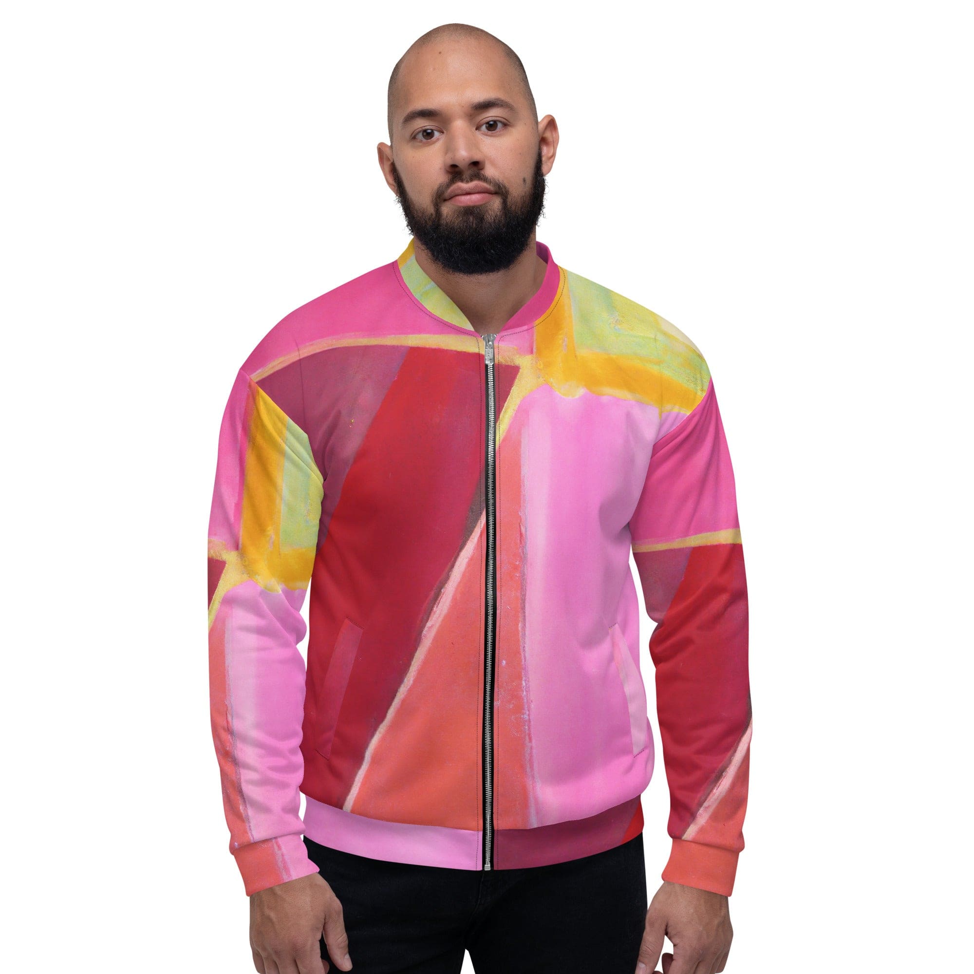 Men's bomber jacket featuring a pink mauve red geometric pattern, zip-front closure, and ribbed cuffs, perfect for stylish layering.