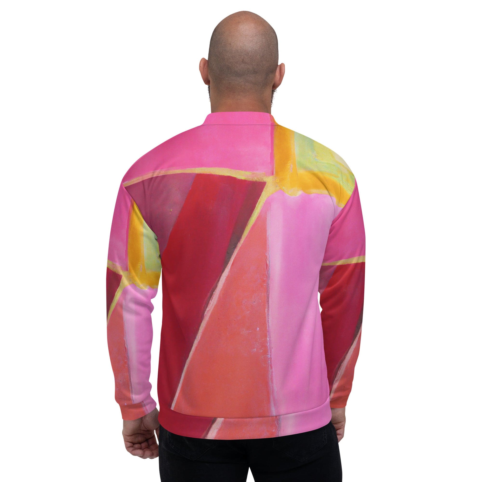 Men's bomber jacket featuring a pink mauve red geometric pattern, zip-front closure, and ribbed cuffs, perfect for stylish layering.