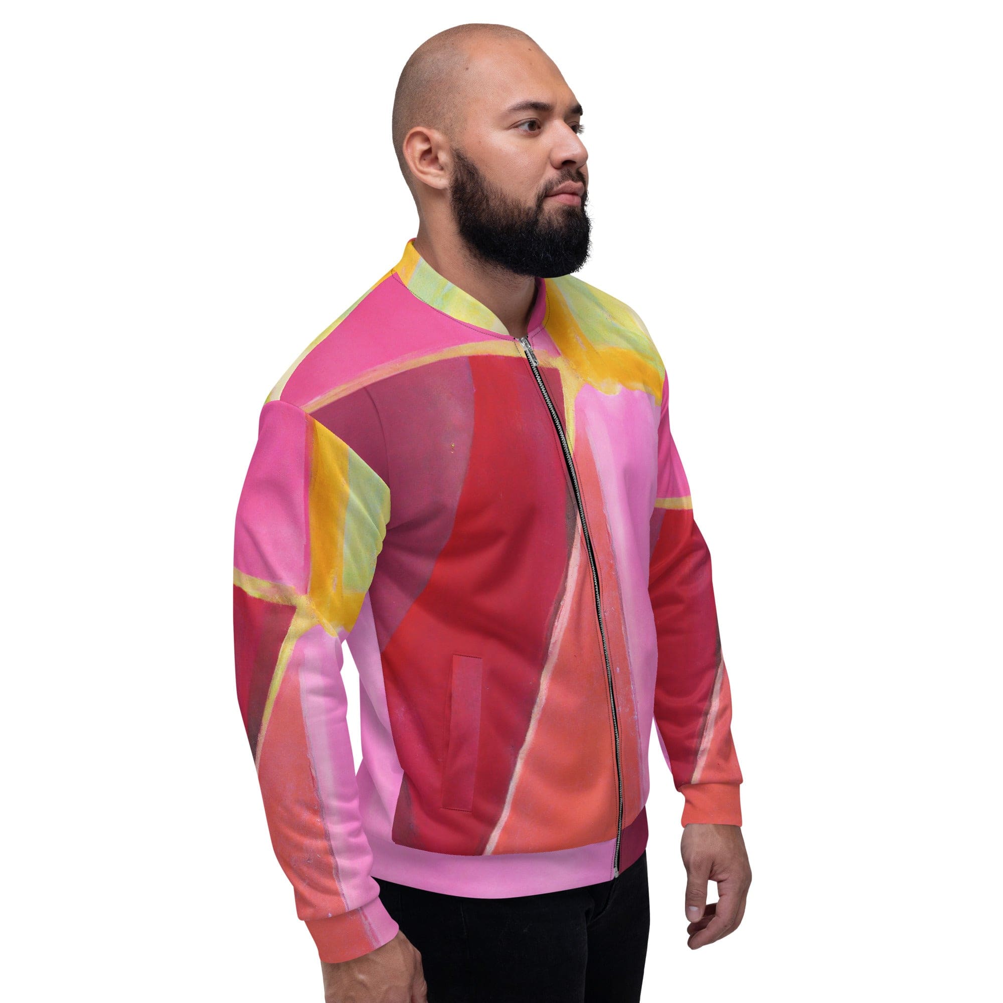 Men's bomber jacket featuring a pink mauve red geometric pattern, zip-front closure, and ribbed cuffs, perfect for stylish layering.