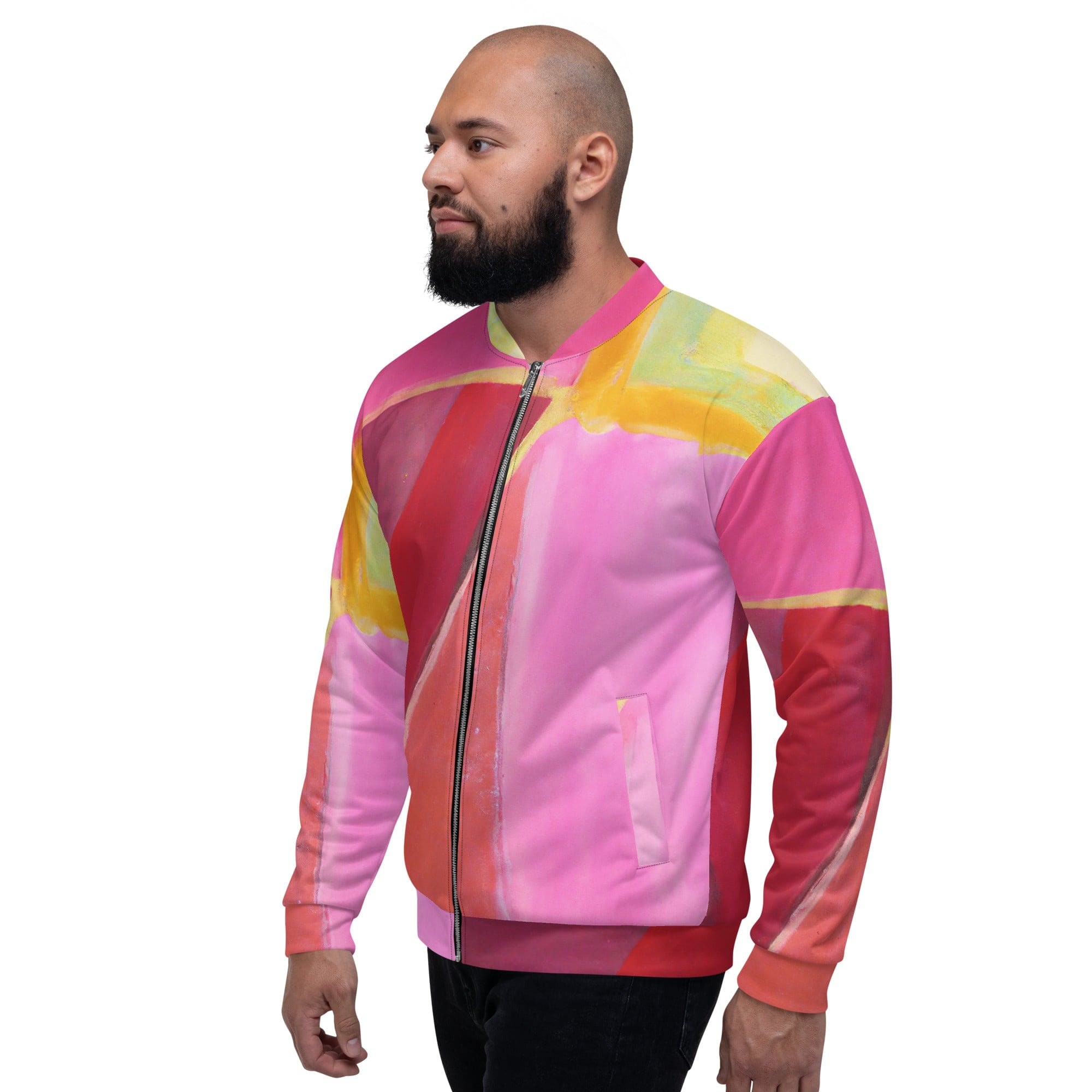 Men's bomber jacket featuring a pink mauve red geometric pattern, zip-front closure, and ribbed cuffs, perfect for stylish layering.