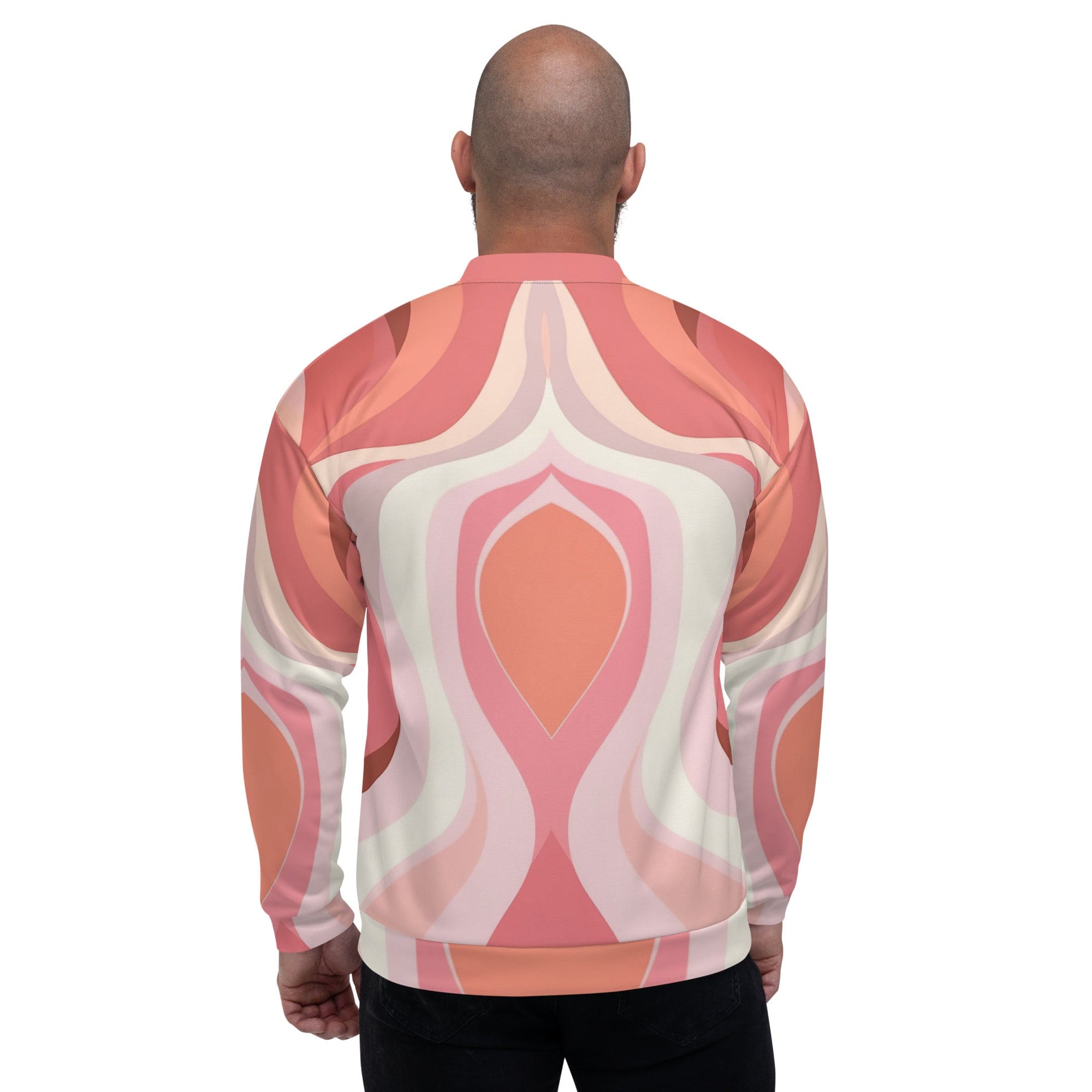 Men's bomber jacket featuring pink and white boho swirl lines, zip-front closure, and ribbed cuffs, perfect for stylish layering.