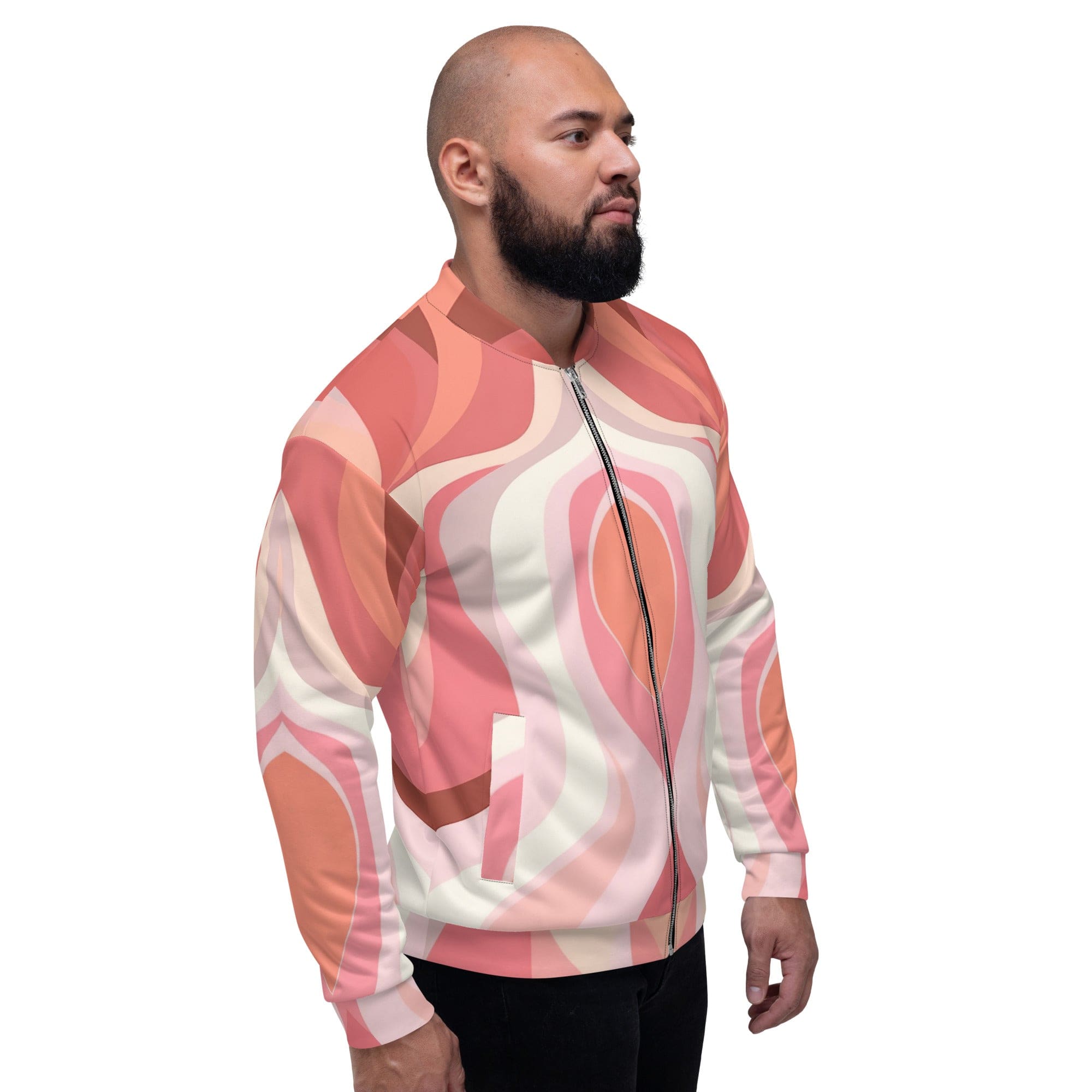 Men's bomber jacket featuring pink and white boho swirl lines, zip-front closure, and ribbed cuffs, perfect for stylish layering.