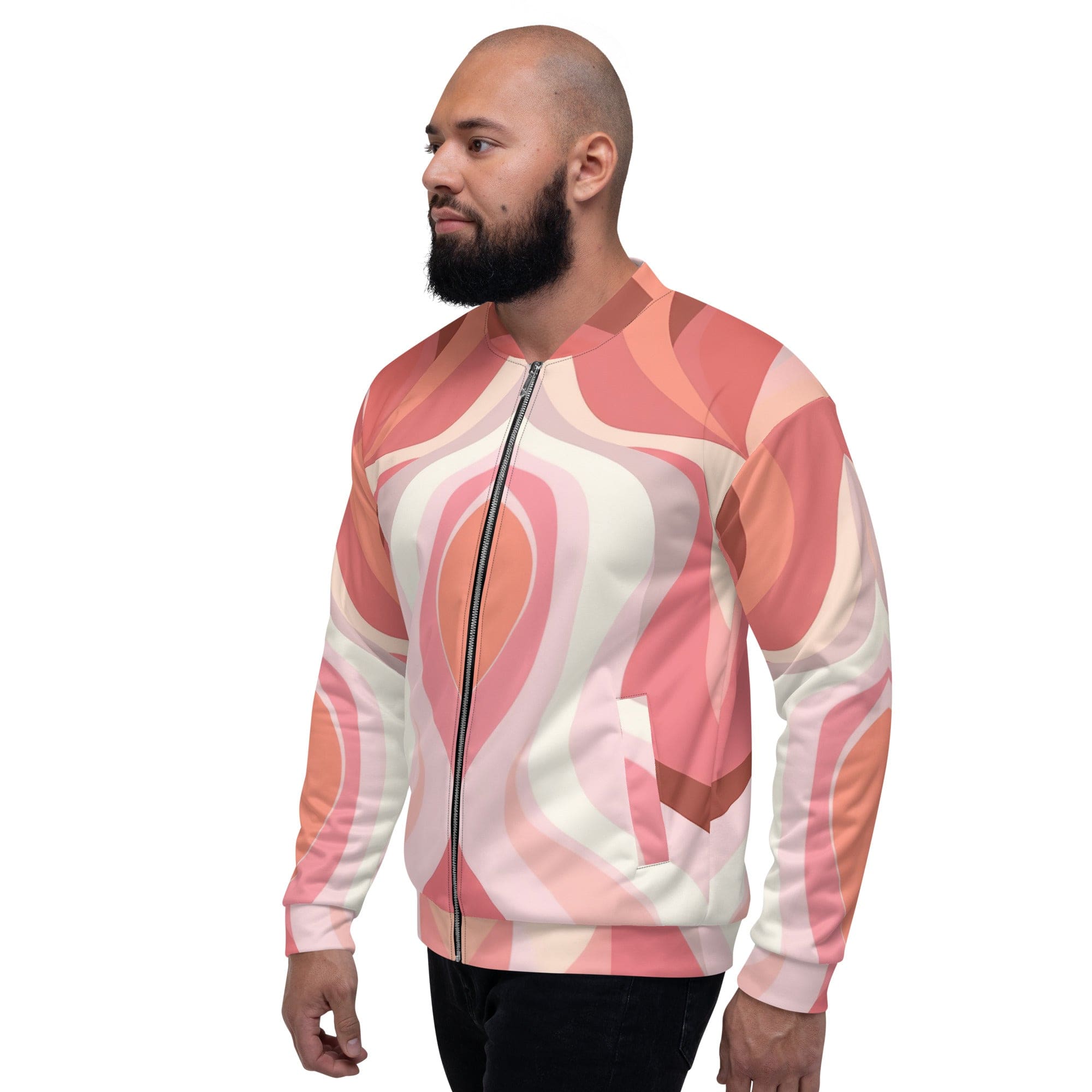 Men's bomber jacket featuring pink and white boho swirl lines, zip-front closure, and ribbed cuffs, perfect for stylish layering.