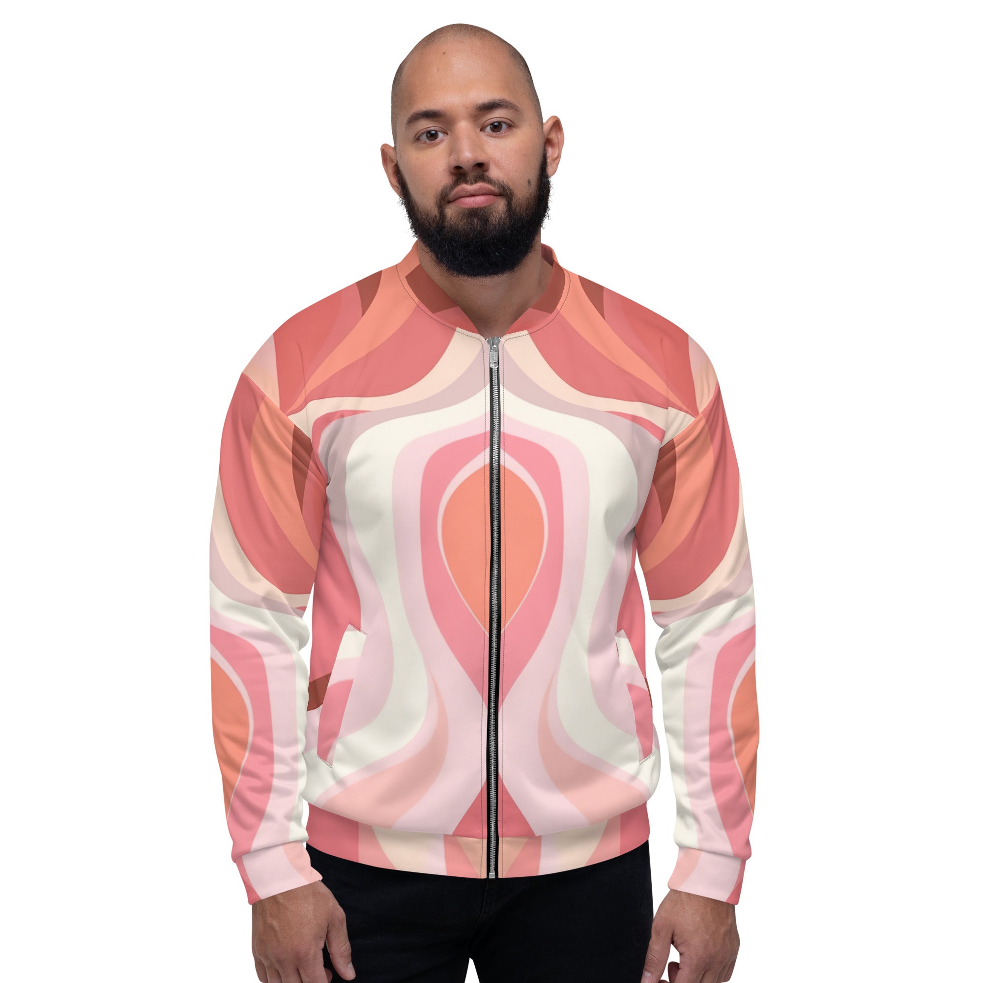 Men's bomber jacket featuring pink and white boho swirl lines, zip-front closure, and ribbed cuffs, perfect for stylish layering.