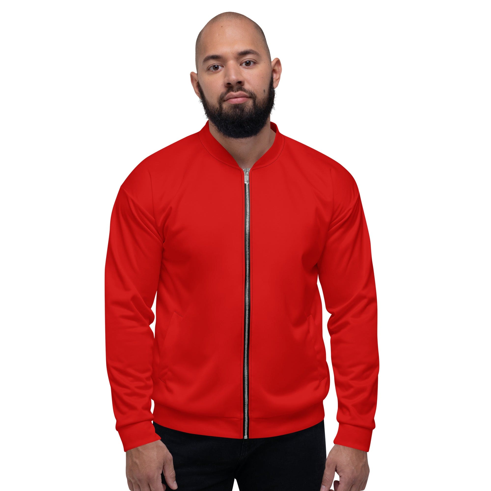 Men's red bomber jacket featuring zip-front closure, ribbed cuffs, and multiple pockets, ideal for stylish and comfortable wear.