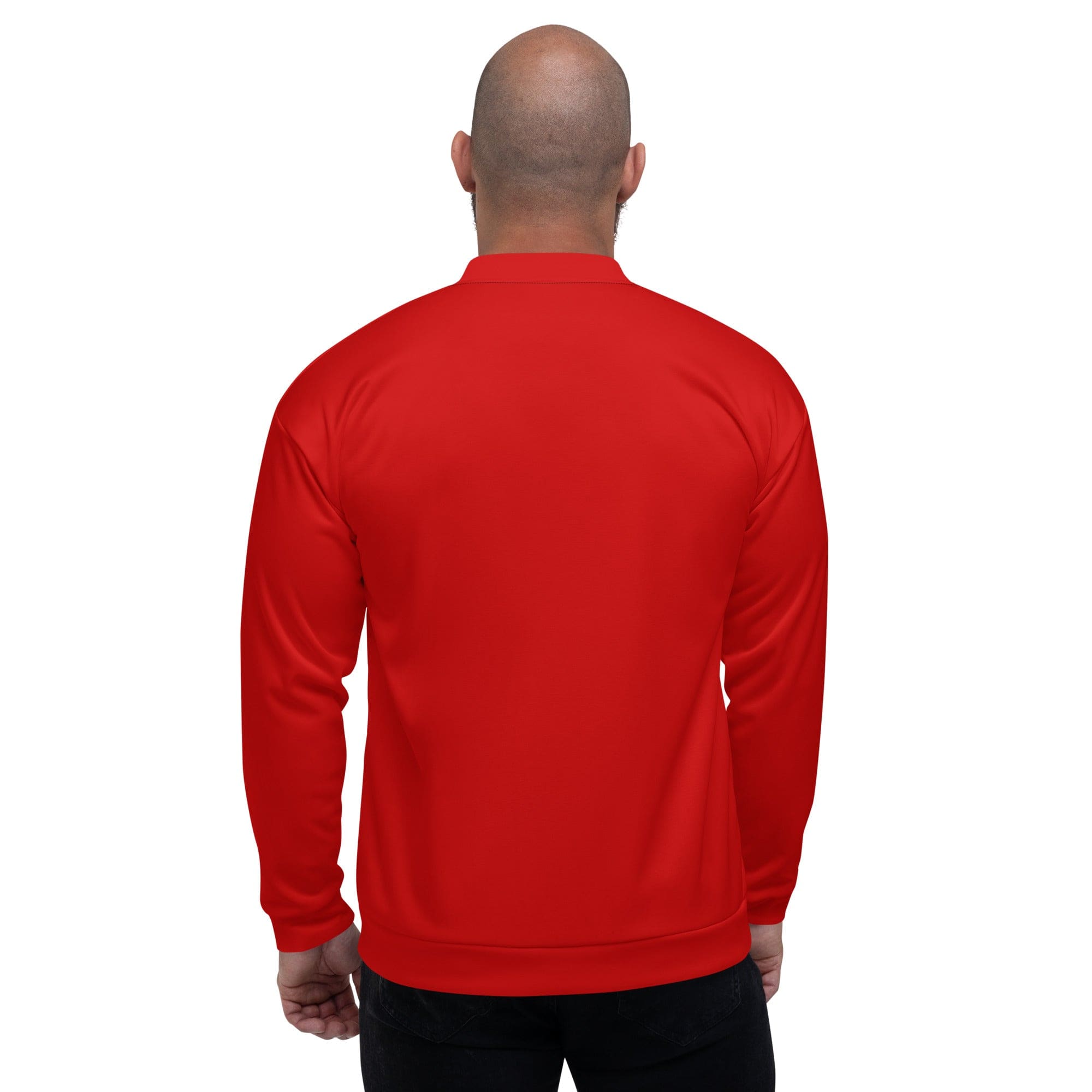 Men's red bomber jacket featuring zip-front closure, ribbed cuffs, and multiple pockets, ideal for stylish and comfortable wear.