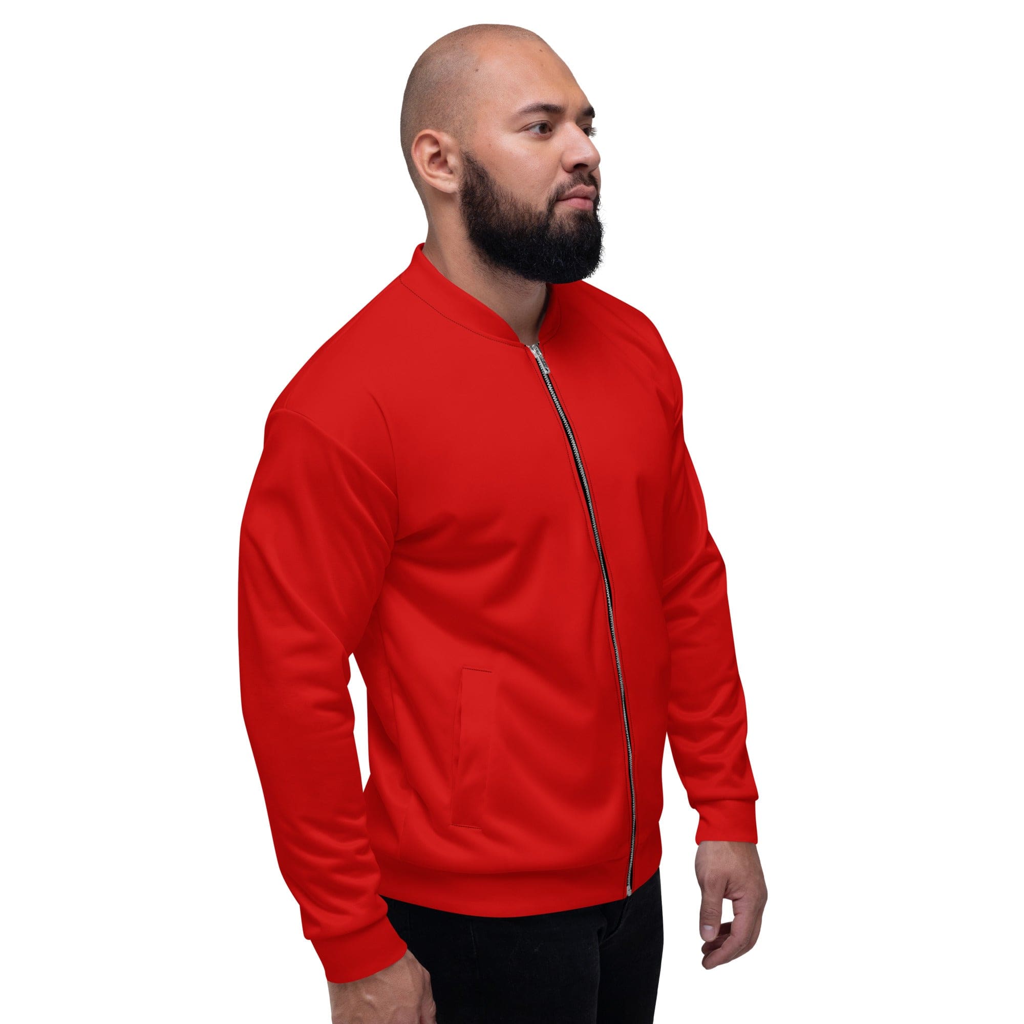 Men's red bomber jacket featuring zip-front closure, ribbed cuffs, and multiple pockets, ideal for stylish and comfortable wear.