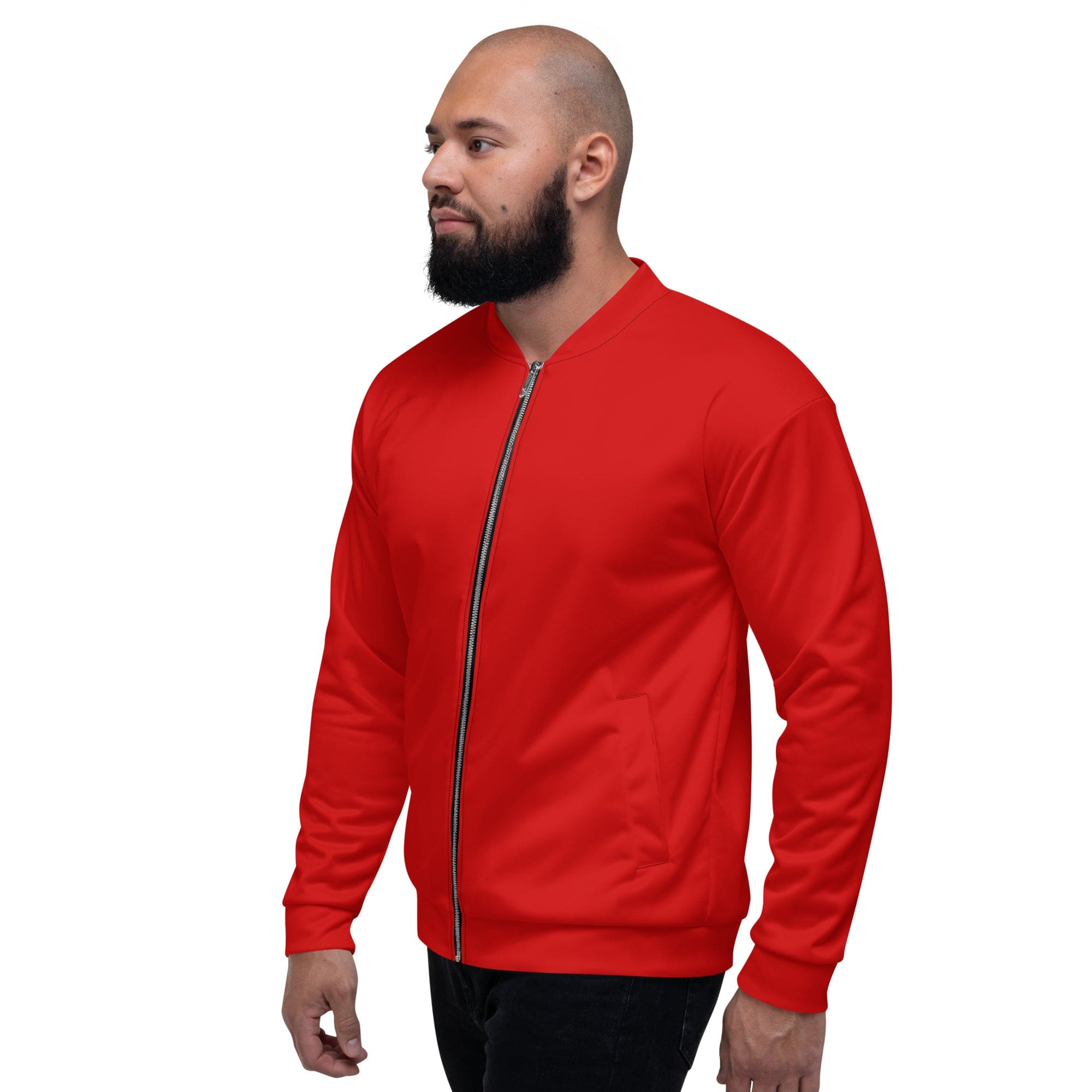 Men's red bomber jacket featuring zip-front closure, ribbed cuffs, and multiple pockets, ideal for stylish and comfortable wear.