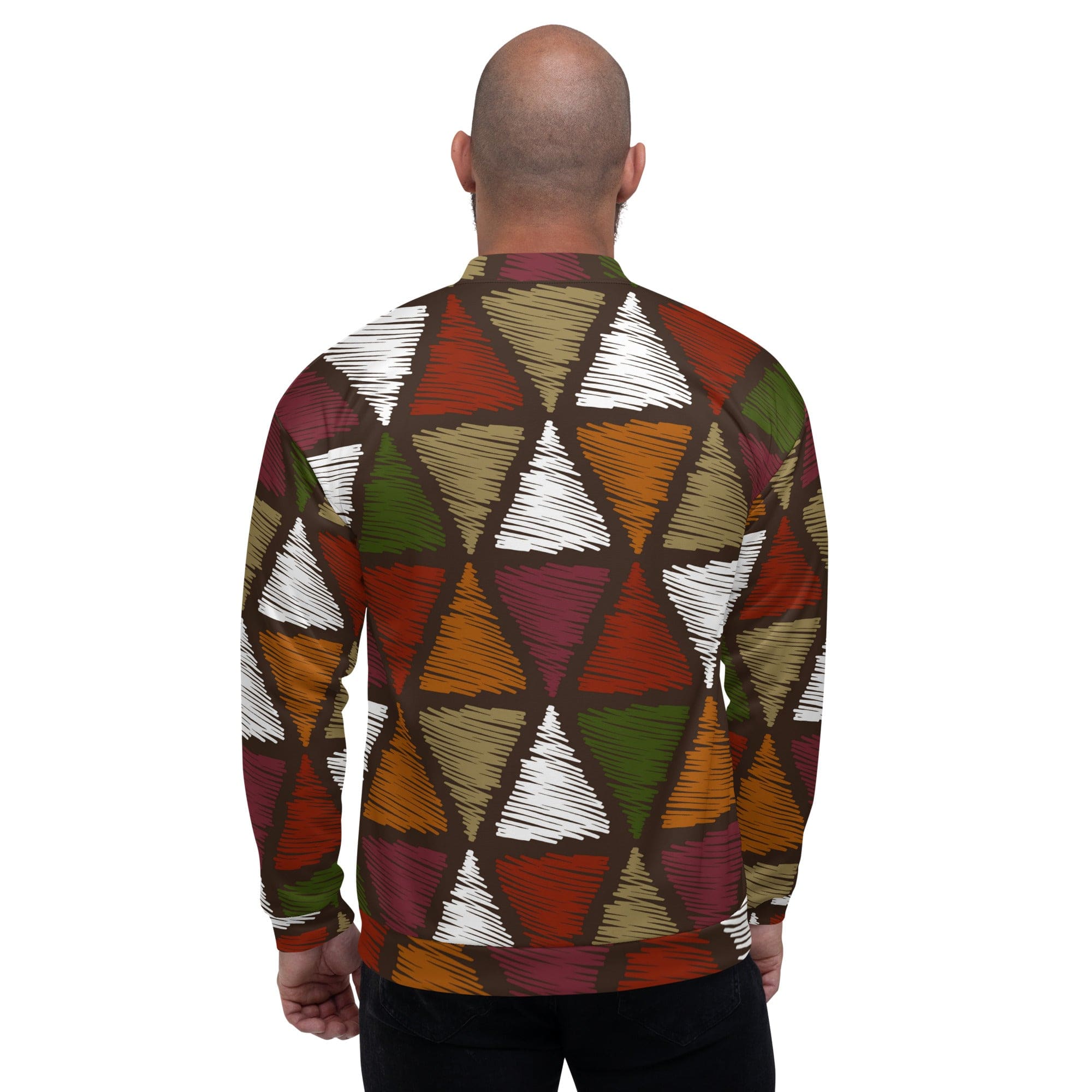 Men's bomber jacket featuring red and green geometric lines, zip-front closure, and ribbed cuffs, perfect for stylish layering.