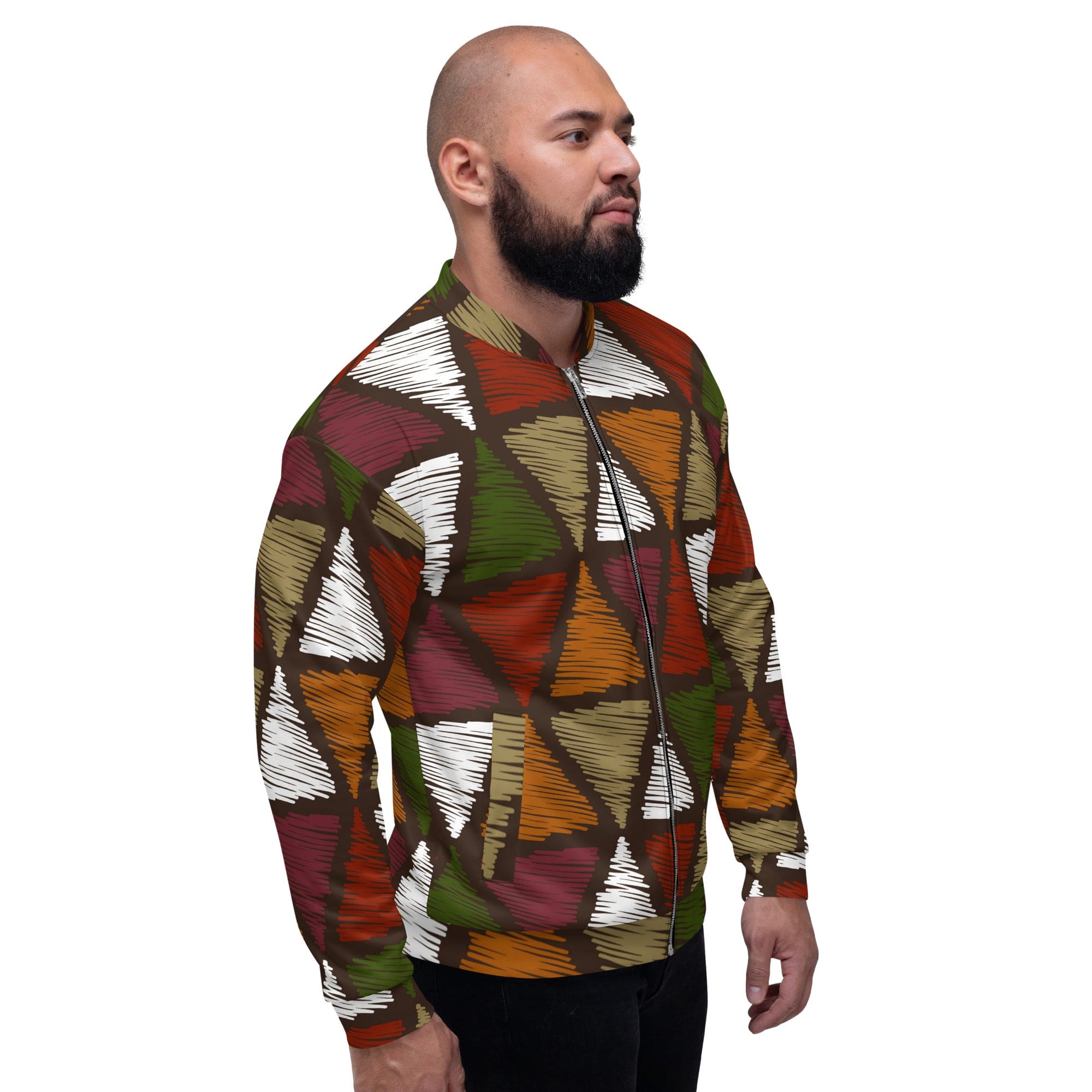 Men's bomber jacket featuring red and green geometric lines, zip-front closure, and ribbed cuffs, perfect for stylish layering.