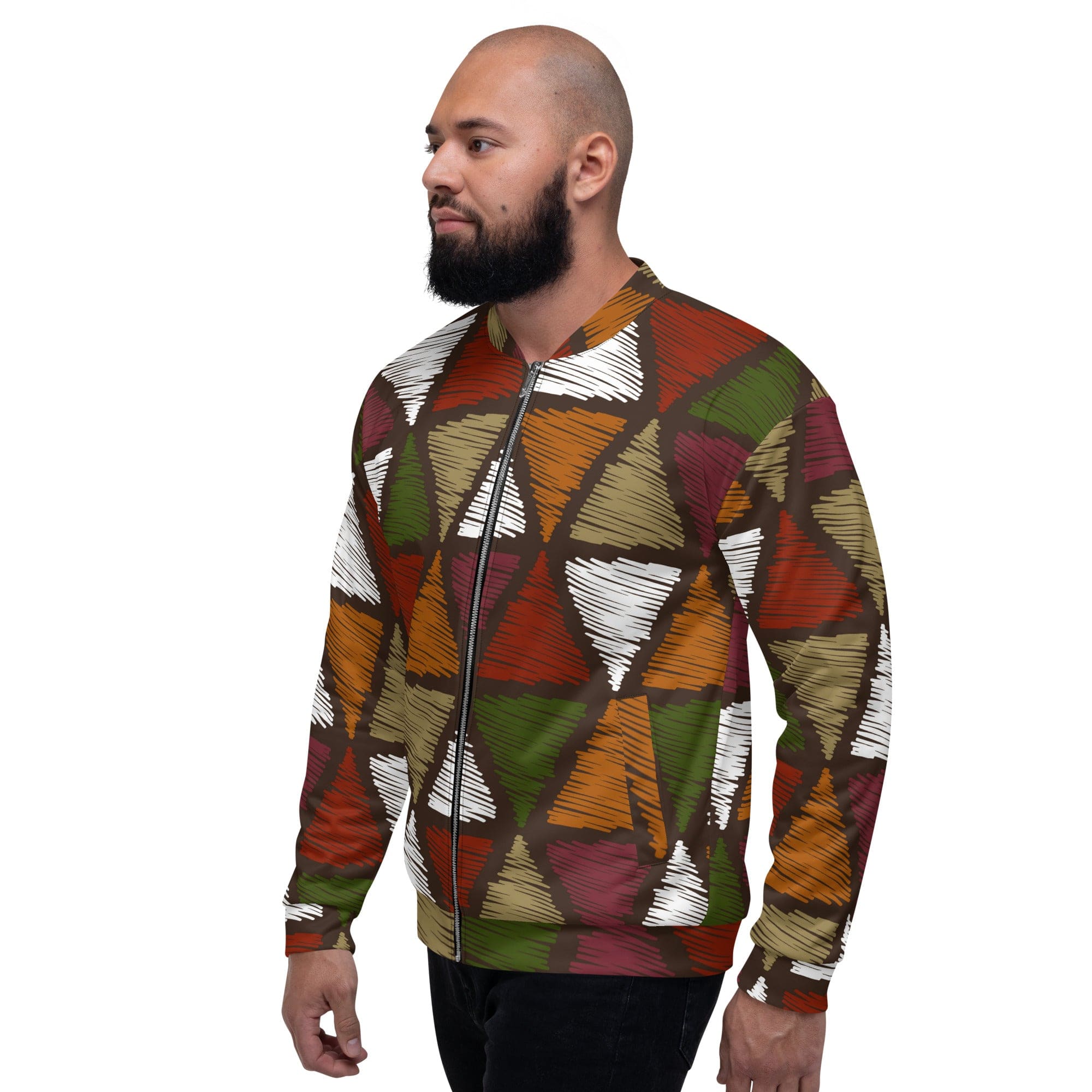 Men's bomber jacket featuring red and green geometric lines, zip-front closure, and ribbed cuffs, perfect for stylish layering.