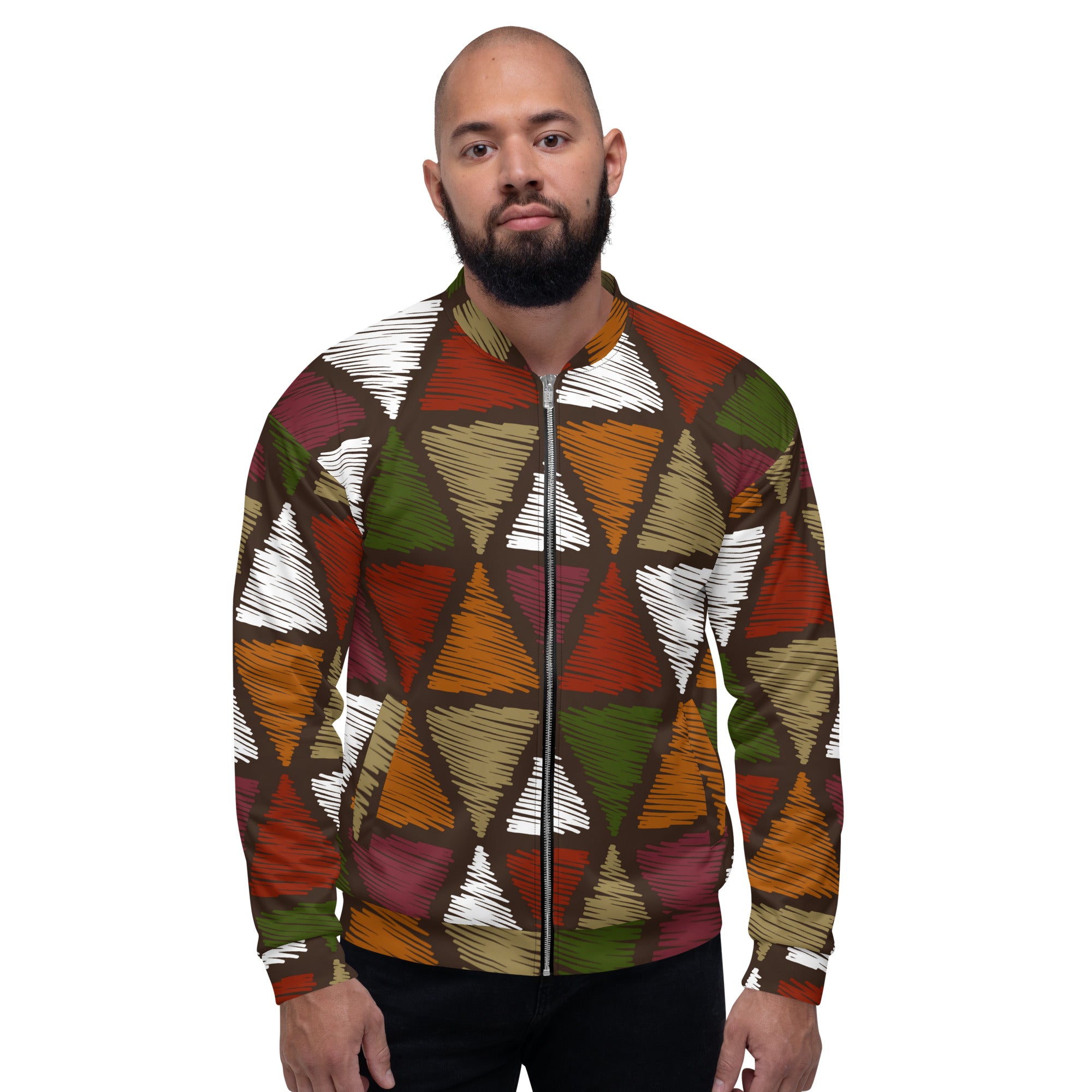 Men's bomber jacket featuring red and green geometric lines, zip-front closure, and ribbed cuffs, perfect for stylish layering.