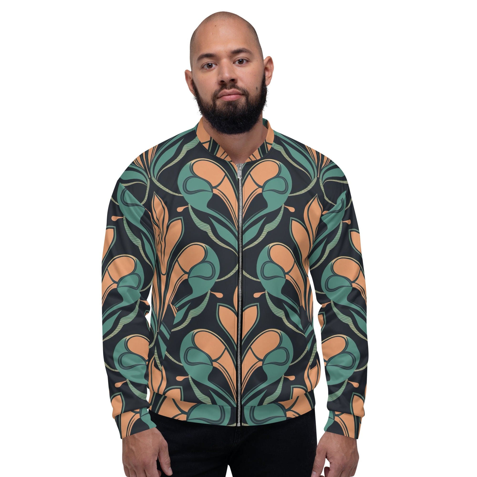 Men's bomber jacket featuring a retro vintage print, zip-front closure, ribbed cuffs, and multiple pockets for a stylish and functional look.