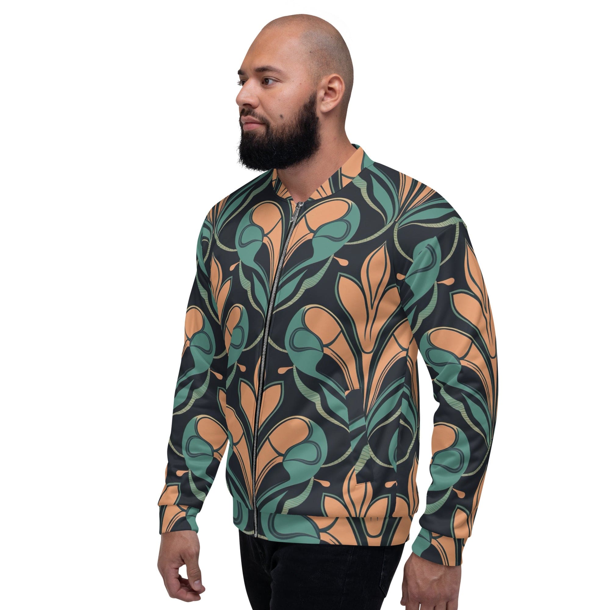 Men's bomber jacket featuring a retro vintage print, zip-front closure, ribbed cuffs, and multiple pockets for a stylish and functional look.