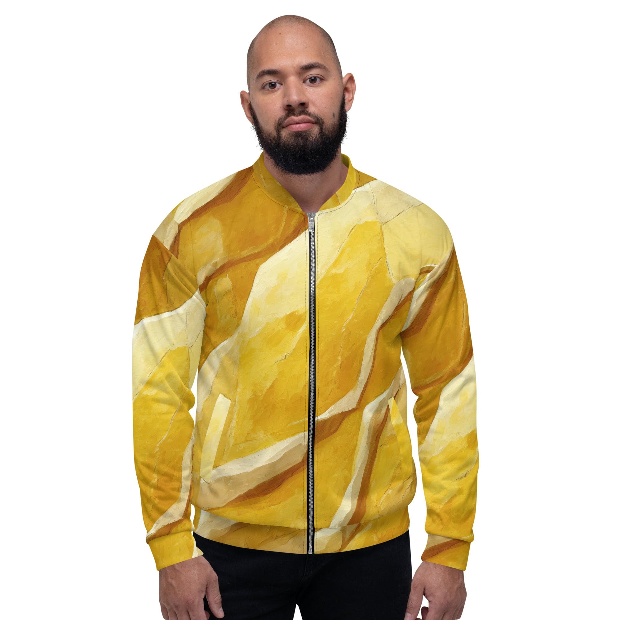 Men's bomber jacket featuring a rustic yellow stone print, zip-front closure, and ribbed cuffs, ideal for stylish layering.