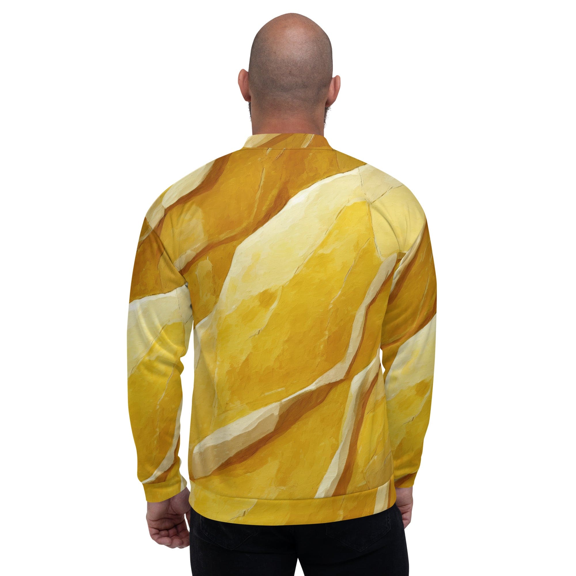 Men's bomber jacket featuring a rustic yellow stone print, zip-front closure, and ribbed cuffs, ideal for stylish layering.