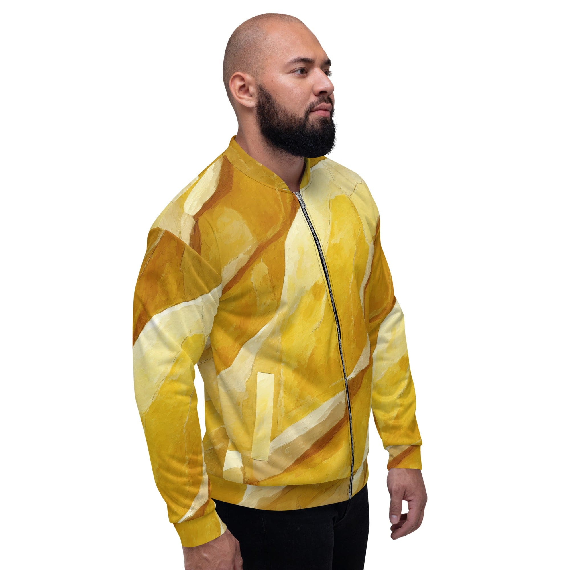 Men's bomber jacket featuring a rustic yellow stone print, zip-front closure, and ribbed cuffs, ideal for stylish layering.