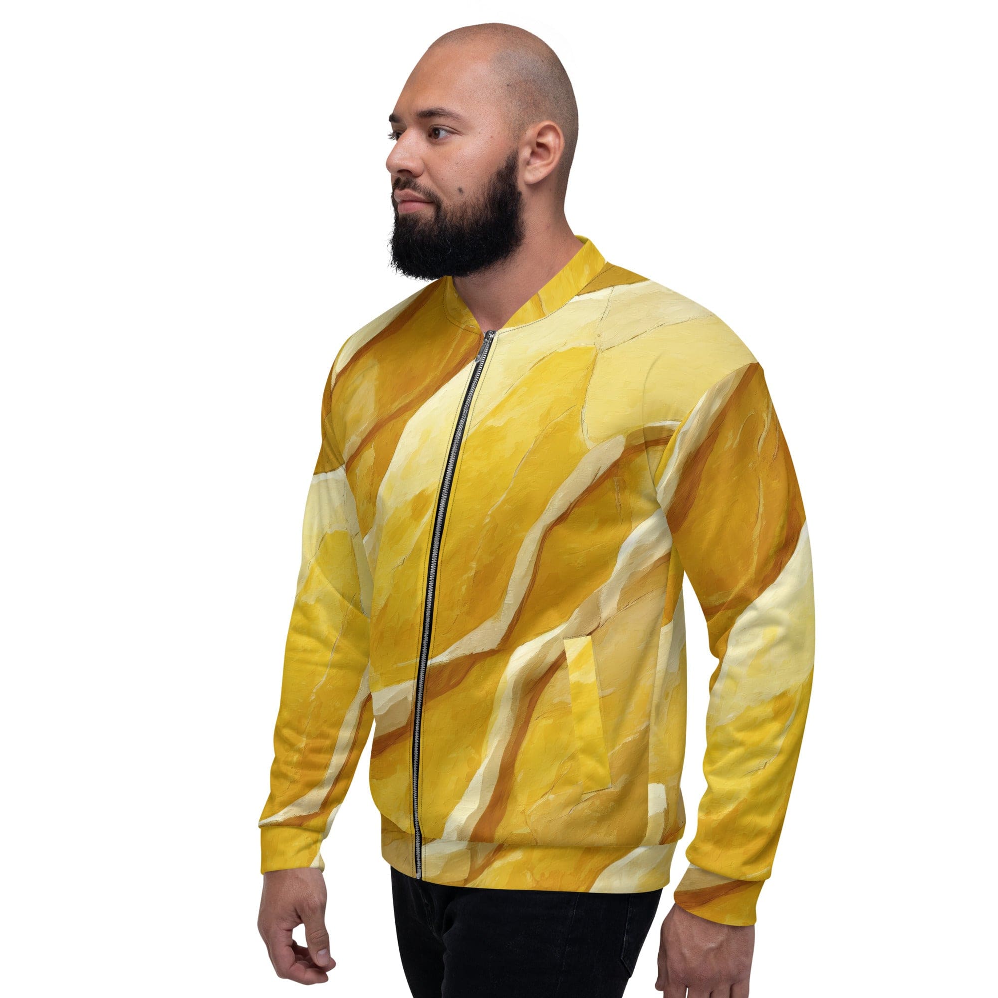 Men's bomber jacket featuring a rustic yellow stone print, zip-front closure, and ribbed cuffs, ideal for stylish layering.