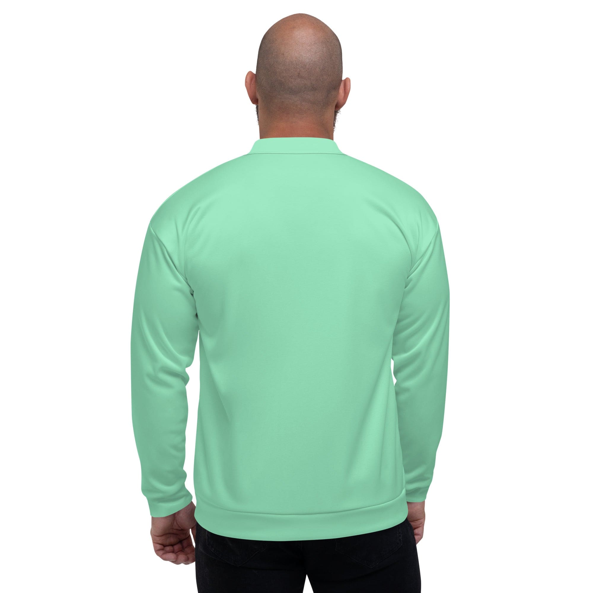 Men's bomber jacket in seafoam green with zip-front closure and ribbed cuffs, featuring multiple pockets and a stylish design.