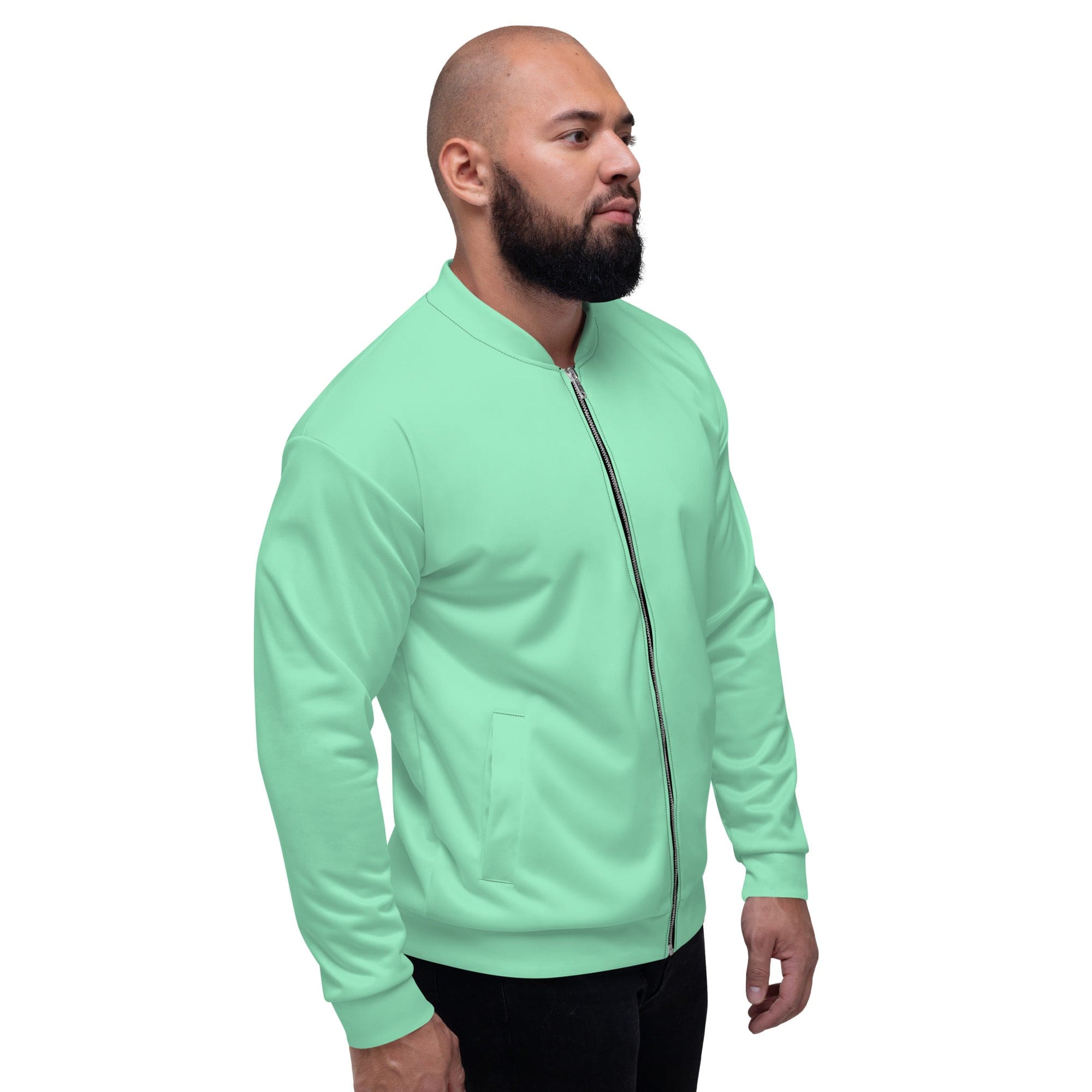 Men's bomber jacket in seafoam green with zip-front closure and ribbed cuffs, featuring multiple pockets and a stylish design.