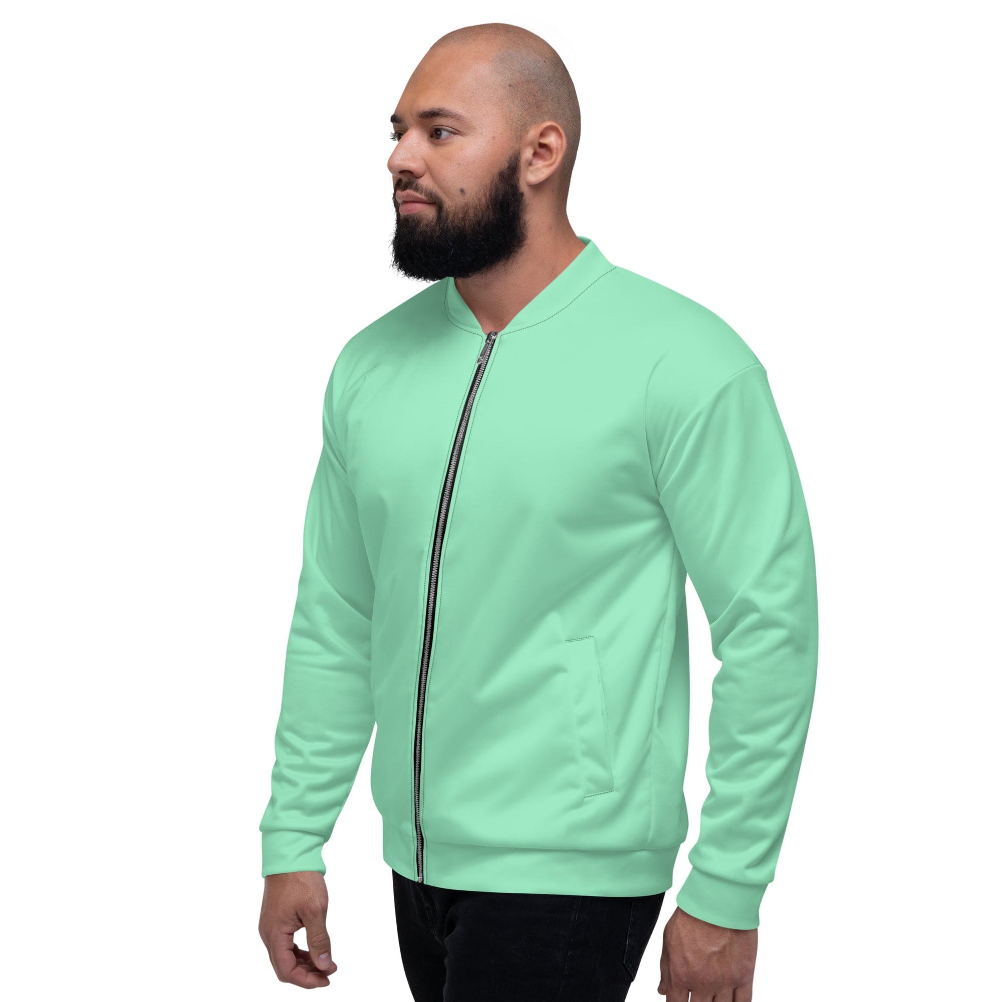 Men's bomber jacket in seafoam green with zip-front closure and ribbed cuffs, featuring multiple pockets and a stylish design.