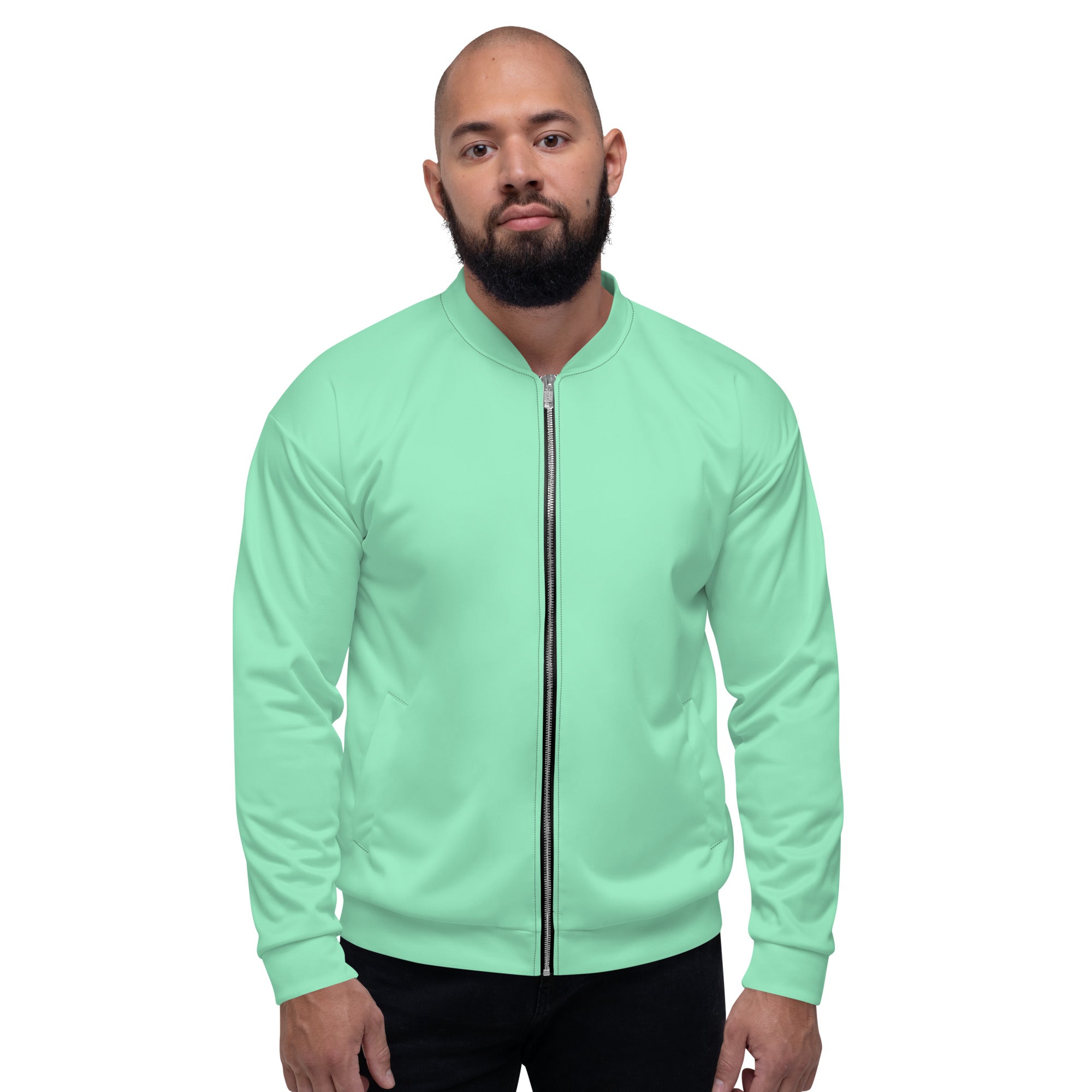 Men's bomber jacket in seafoam green with zip-front closure and ribbed cuffs, featuring multiple pockets and a stylish design.