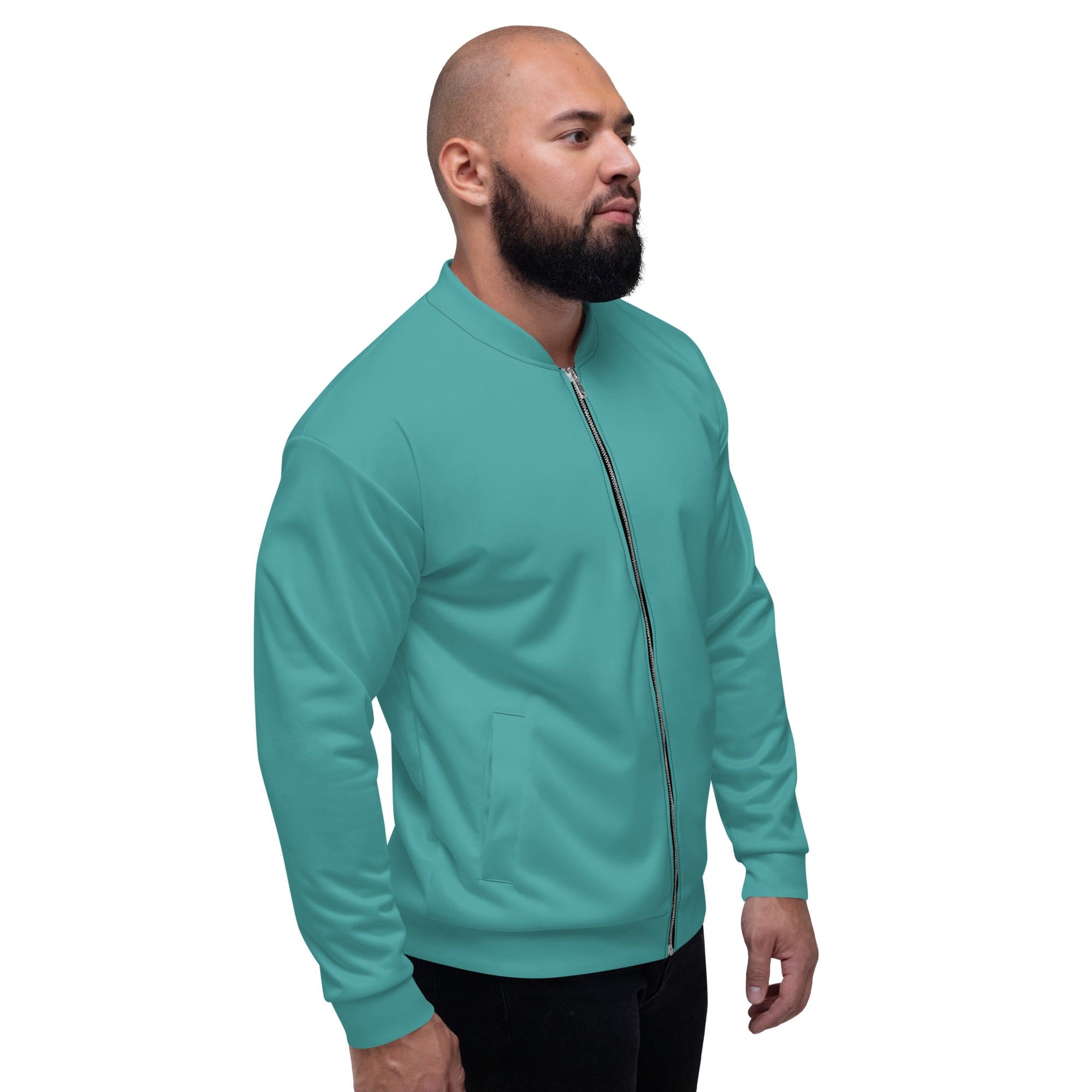 Men's Bomber Jacket in teal green with zip-front closure and ribbed cuffs, featuring multiple pockets and a stylish design.