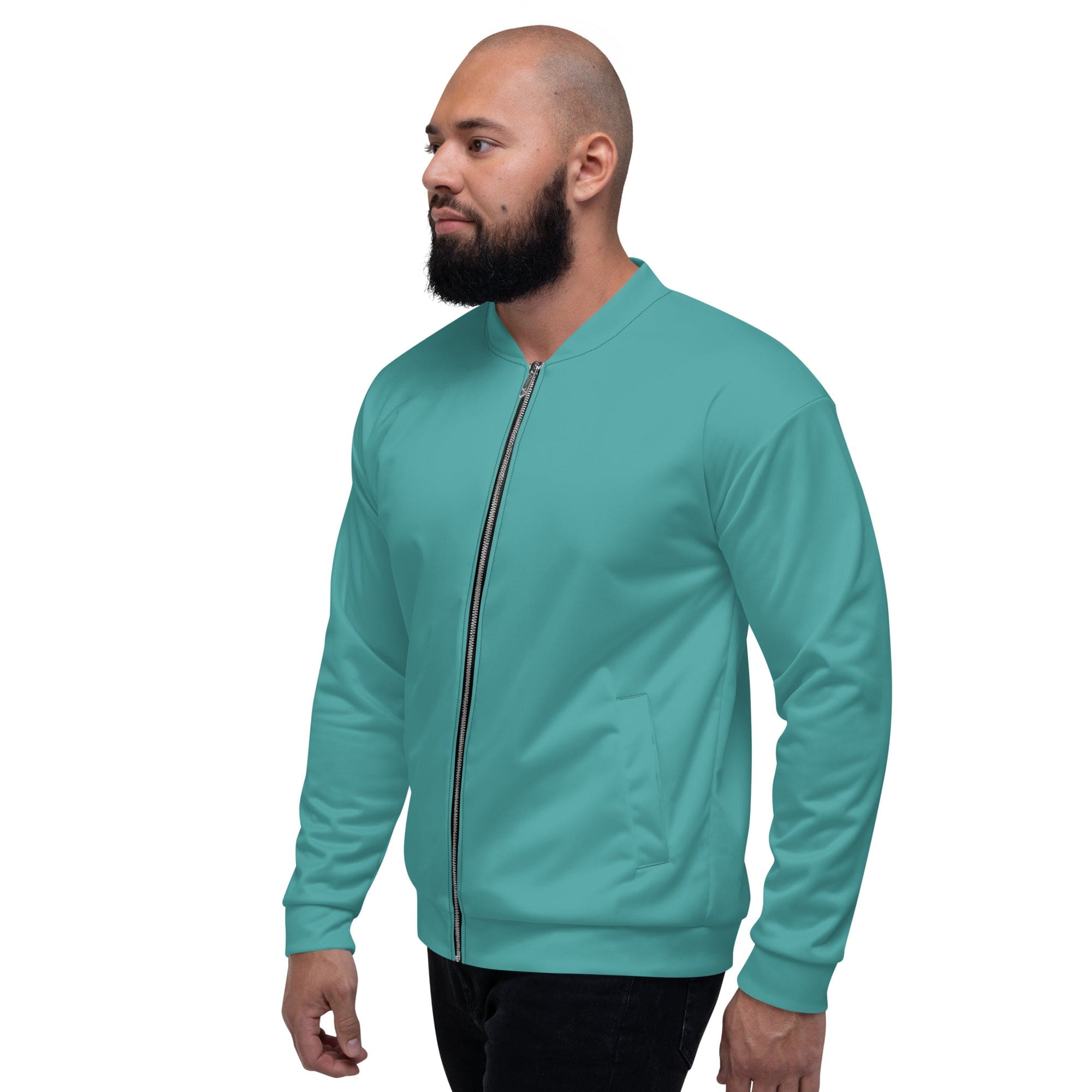 Men's Bomber Jacket in teal green with zip-front closure and ribbed cuffs, featuring multiple pockets and a stylish design.