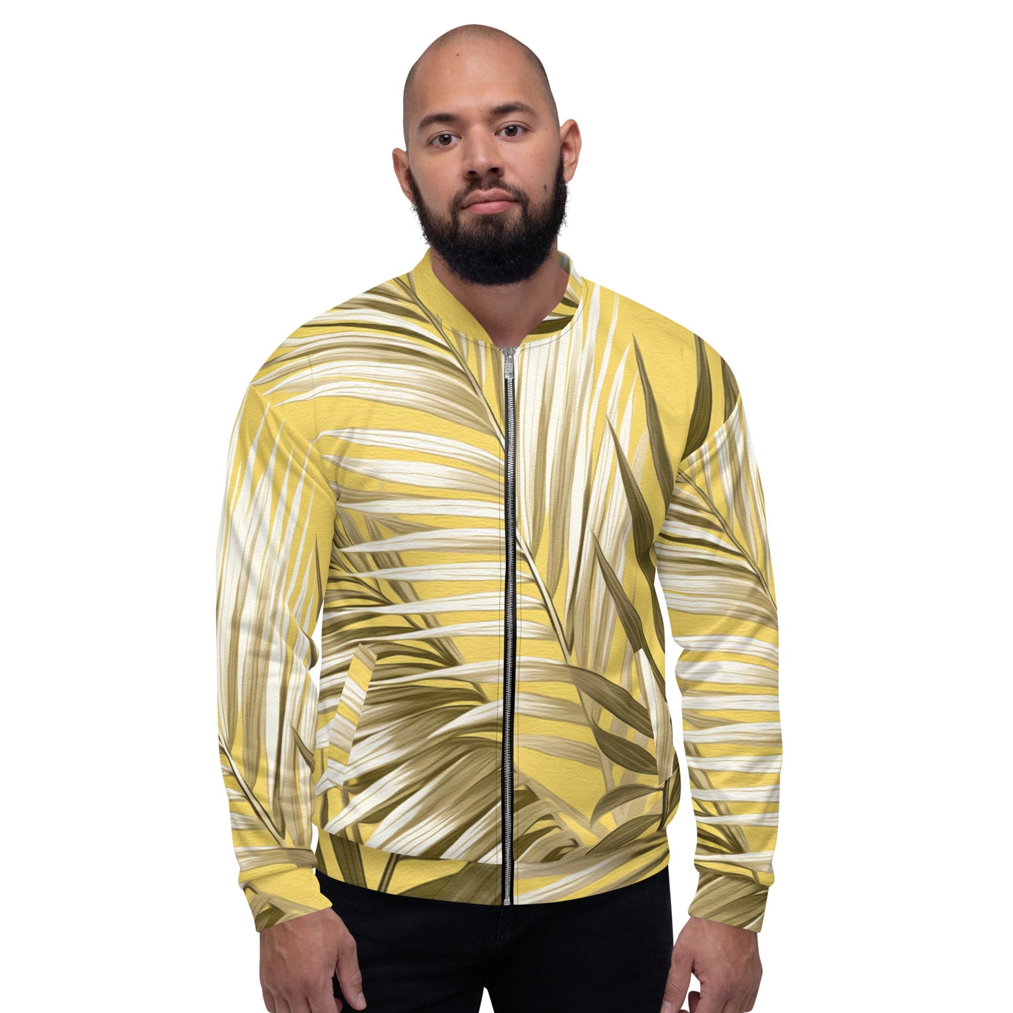 Men's bomber jacket featuring a white and brown palm leaves design, showcasing a zip-front closure and ribbed cuffs.