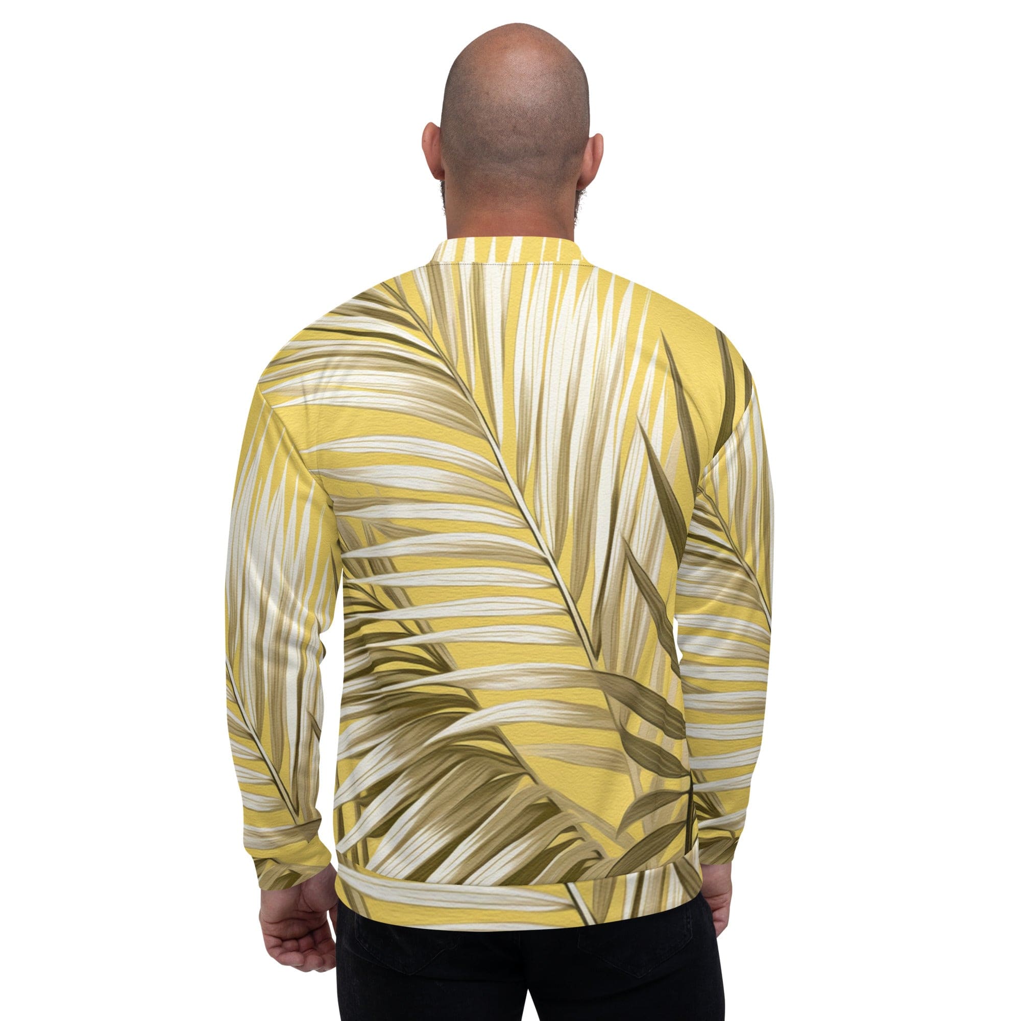 Men's bomber jacket featuring a white and brown palm leaves design, showcasing a zip-front closure and ribbed cuffs.