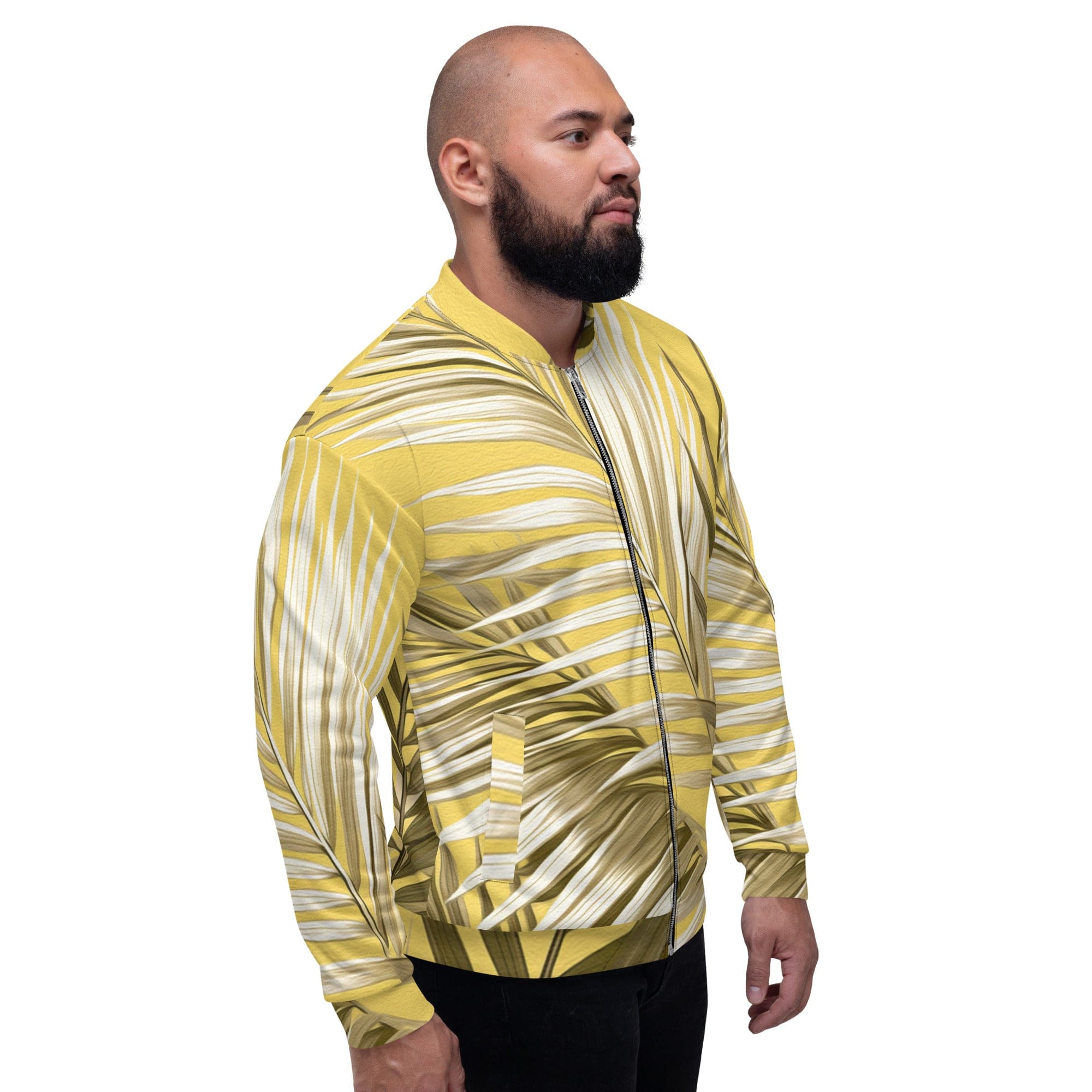 Men's bomber jacket featuring a white and brown palm leaves design, showcasing a zip-front closure and ribbed cuffs.