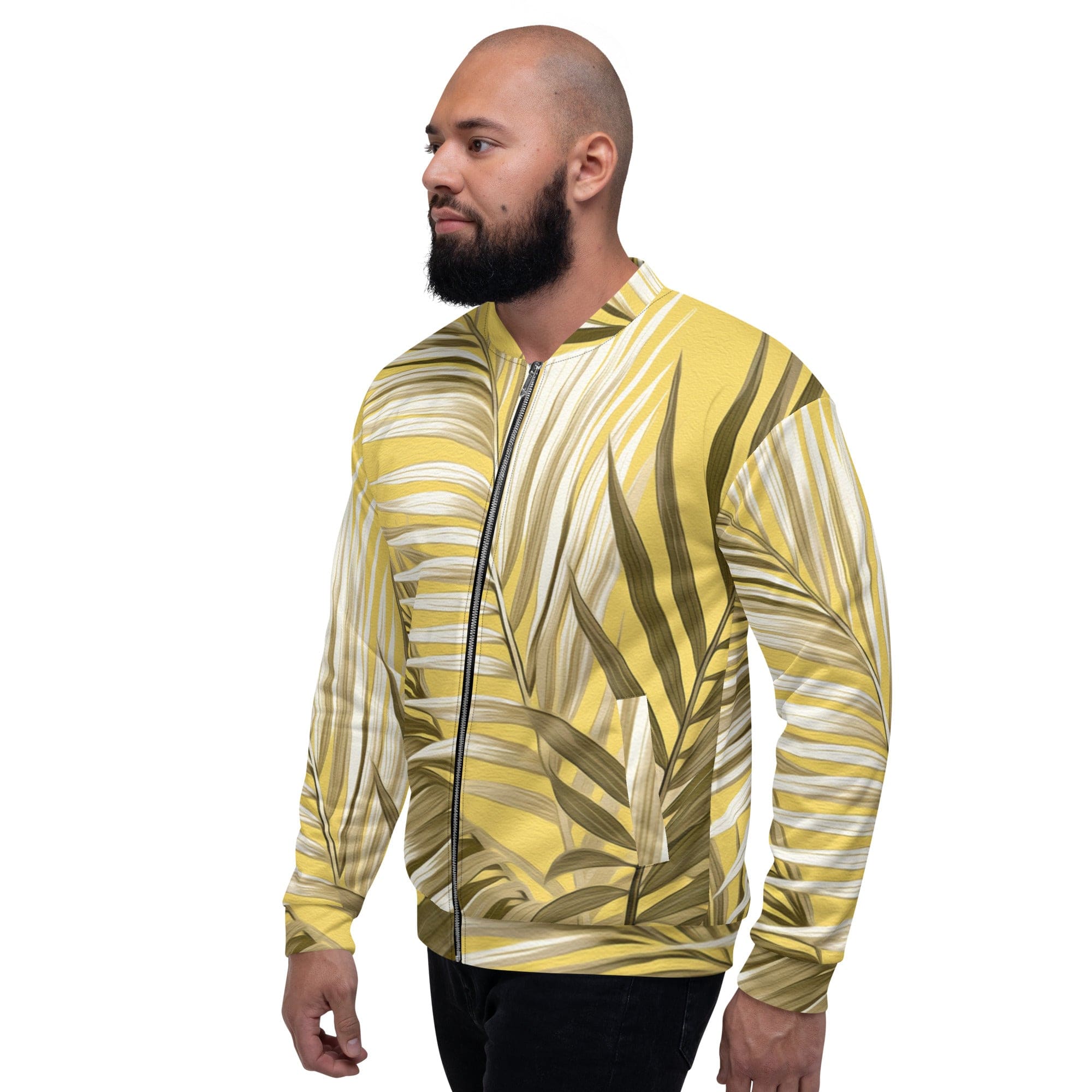 Men's bomber jacket featuring a white and brown palm leaves design, showcasing a zip-front closure and ribbed cuffs.