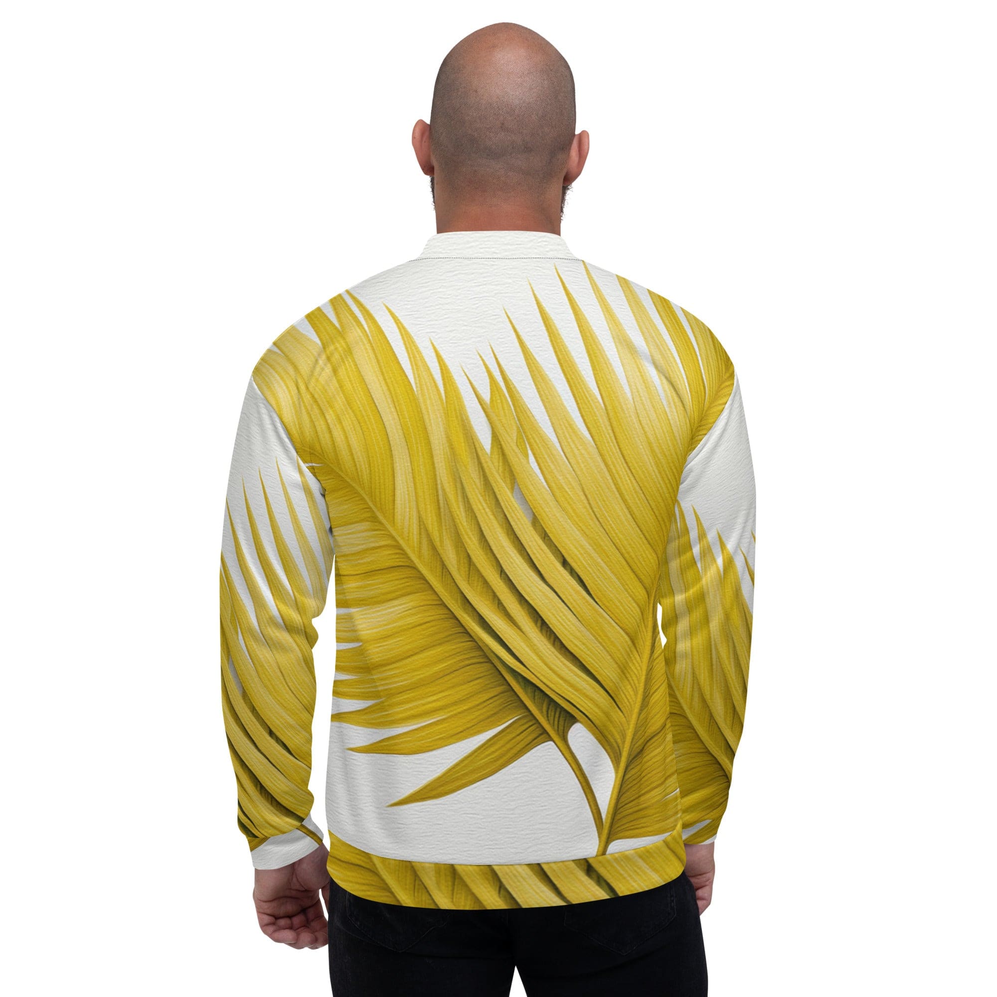 Men's bomber jacket featuring a vibrant yellow palm leaves design, zip-front closure, and ribbed cuffs, perfect for stylish layering.