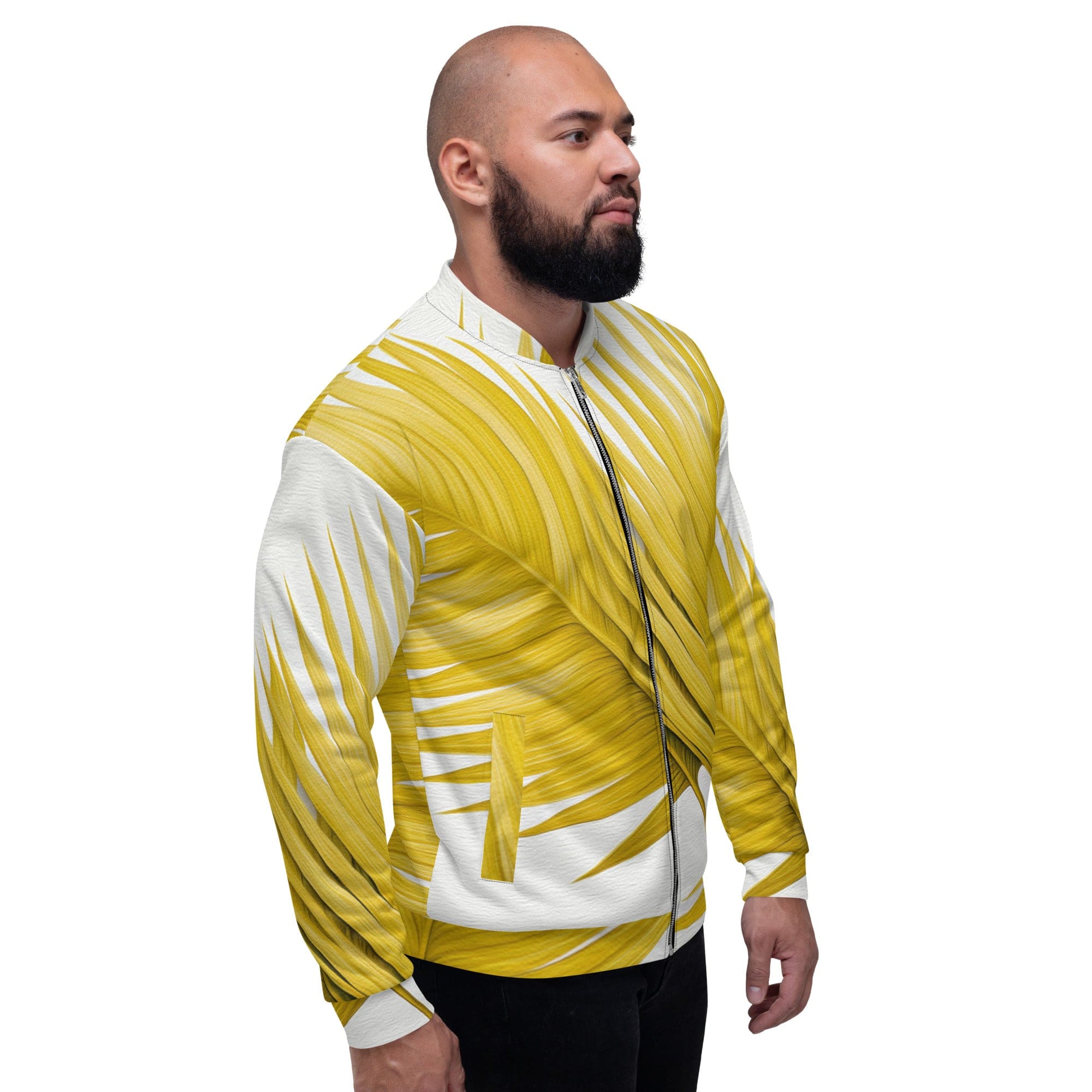 Men's bomber jacket featuring a vibrant yellow palm leaves design, zip-front closure, and ribbed cuffs, perfect for stylish layering.