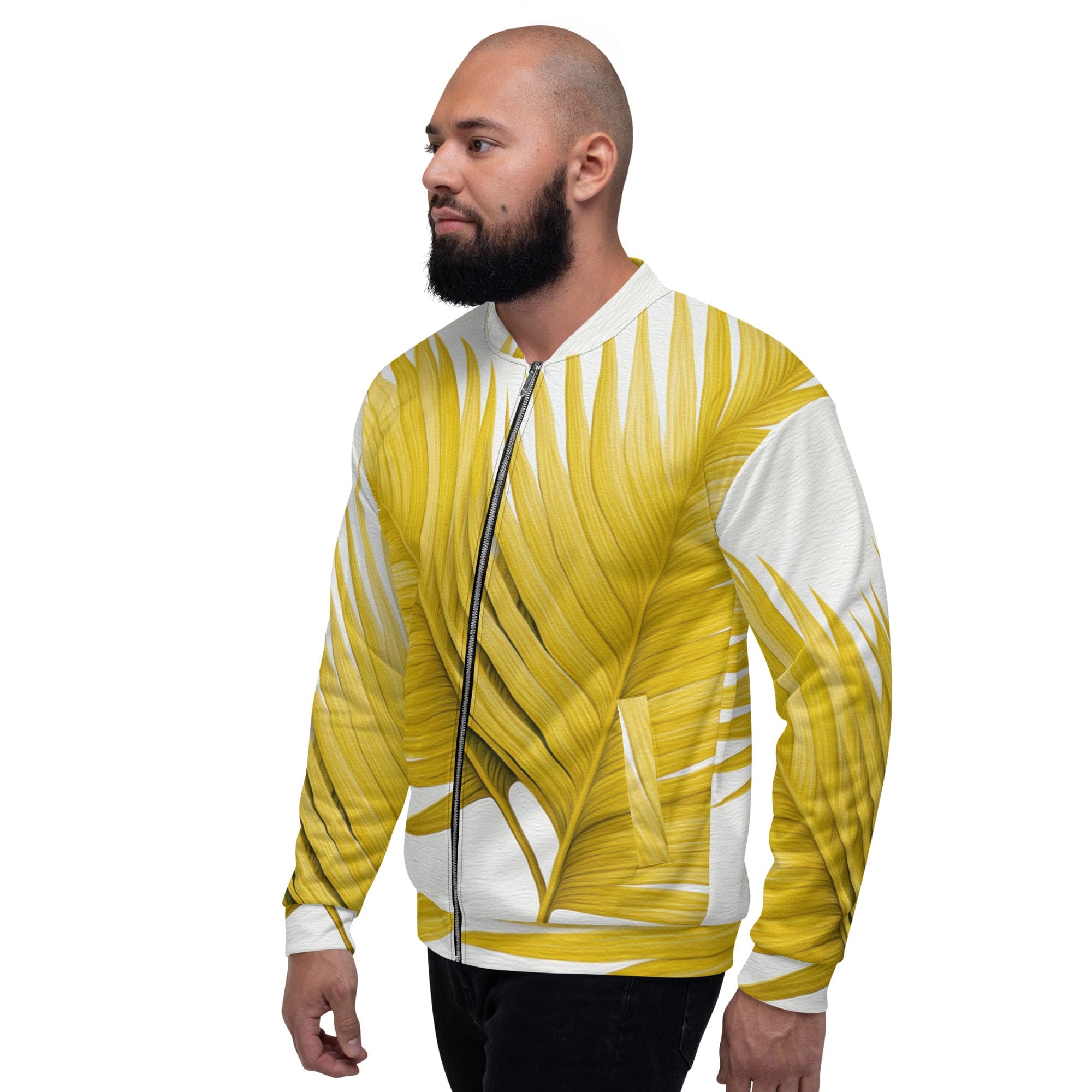 Men's bomber jacket featuring a vibrant yellow palm leaves design, zip-front closure, and ribbed cuffs, perfect for stylish layering.