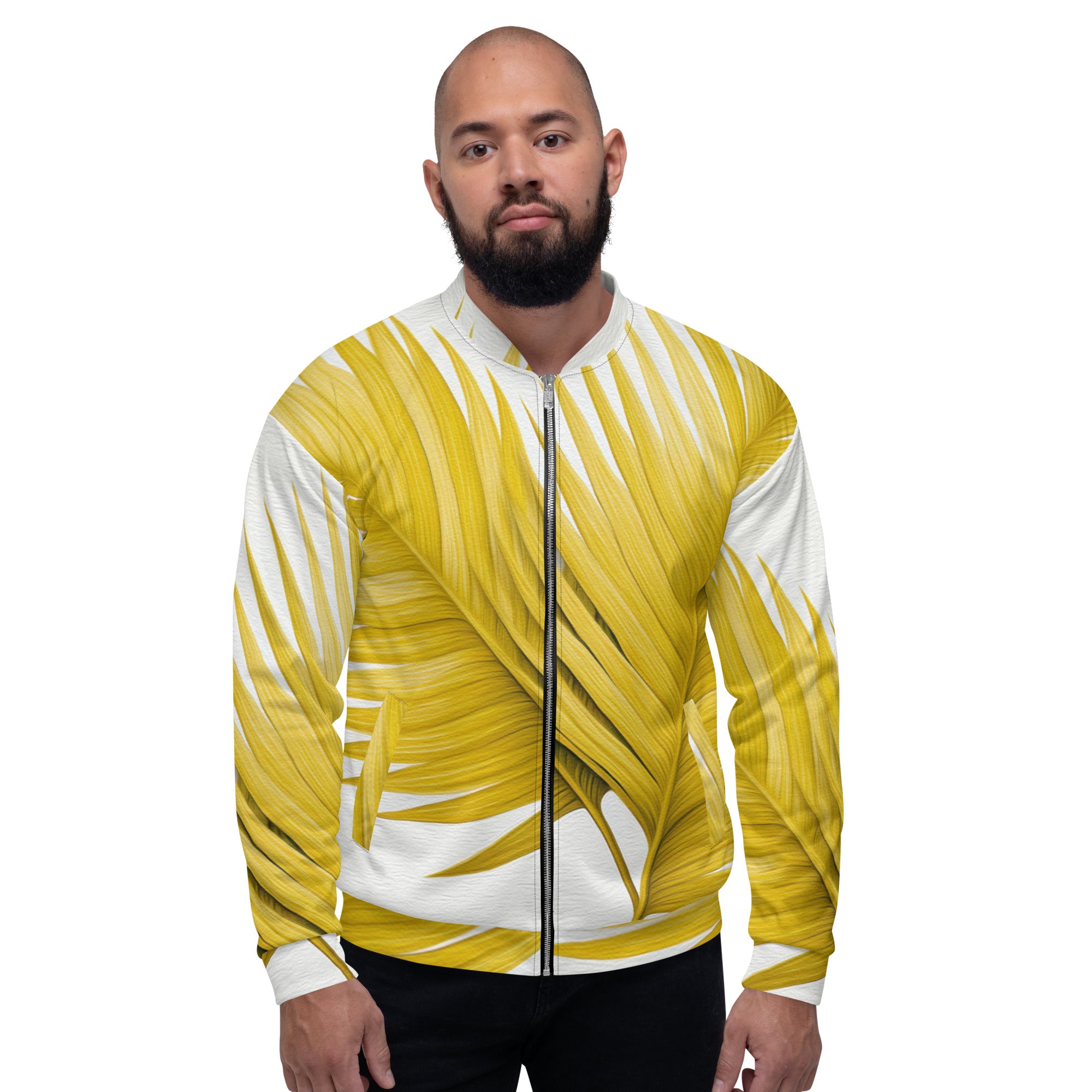 Men's bomber jacket featuring a vibrant yellow palm leaves design, zip-front closure, and ribbed cuffs, perfect for stylish layering.