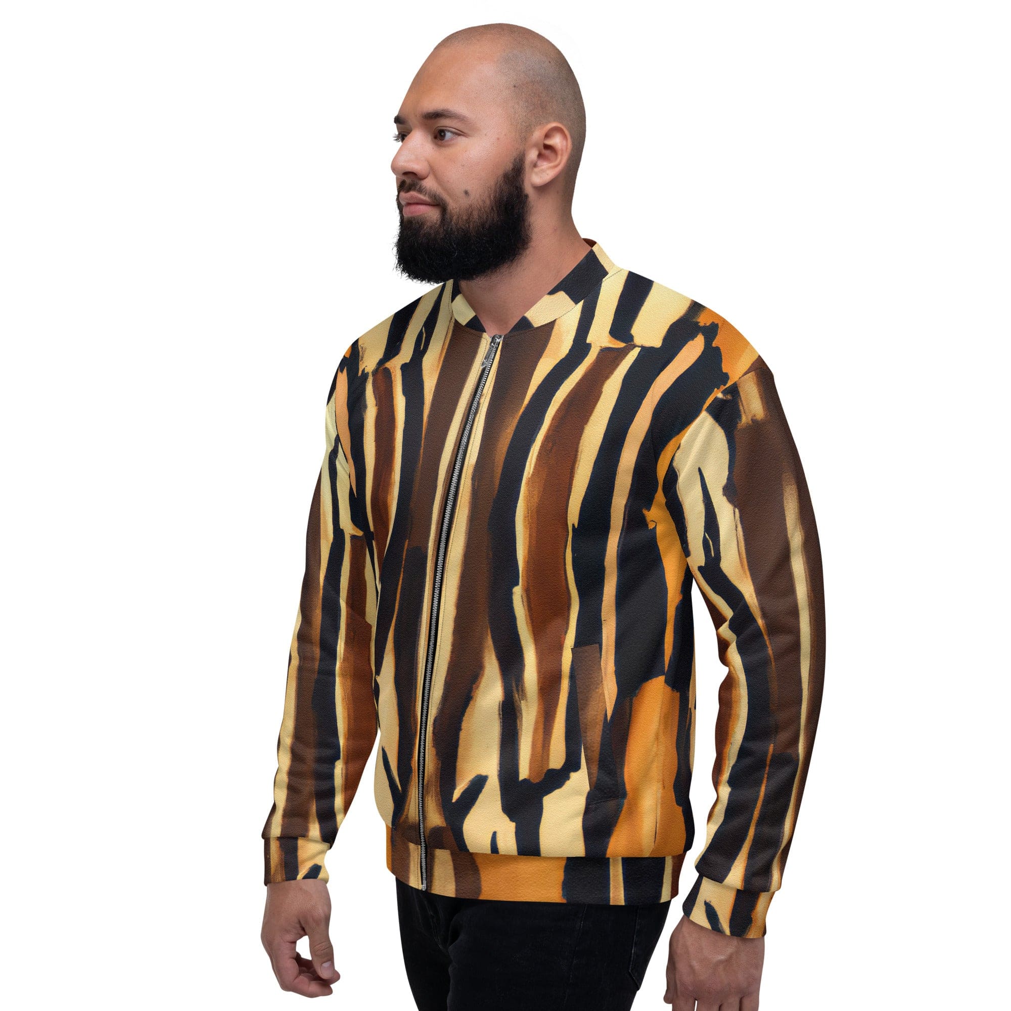 Men's bomber jacket featuring a unique Zorse Lines Print, zip-front closure, ribbed cuffs, and multiple pockets for essentials.