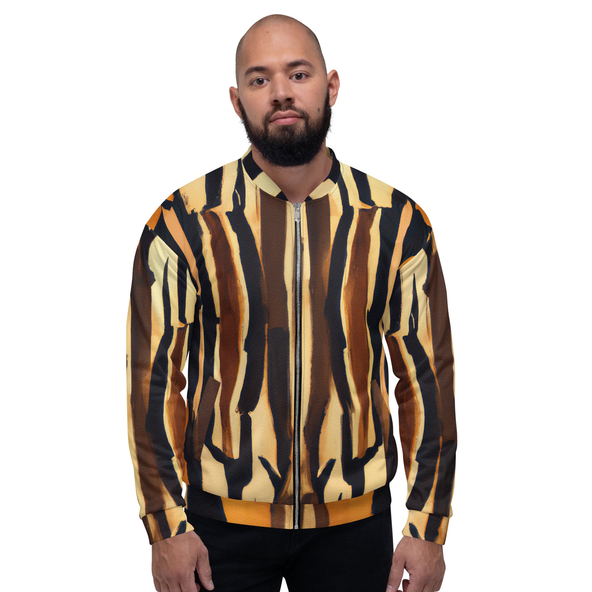 Men's bomber jacket featuring a unique Zorse Lines Print, zip-front closure, ribbed cuffs, and multiple pockets for essentials.