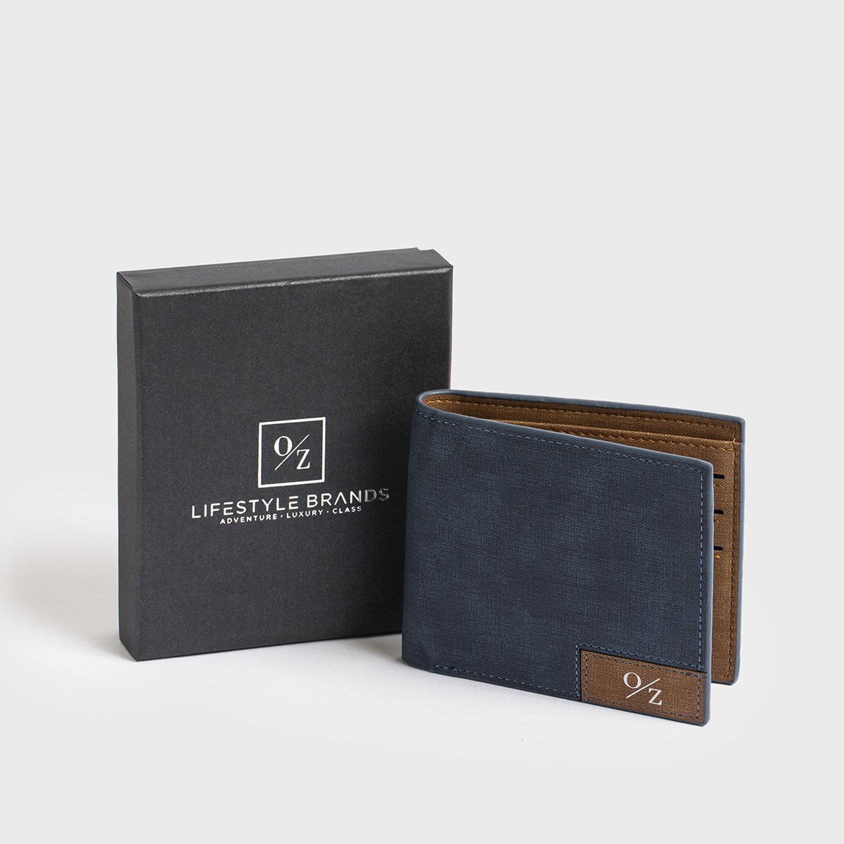 Men's Casual Bi-Fold Wallet in Blue and Grey, showcasing its smooth exterior and multiple pockets.