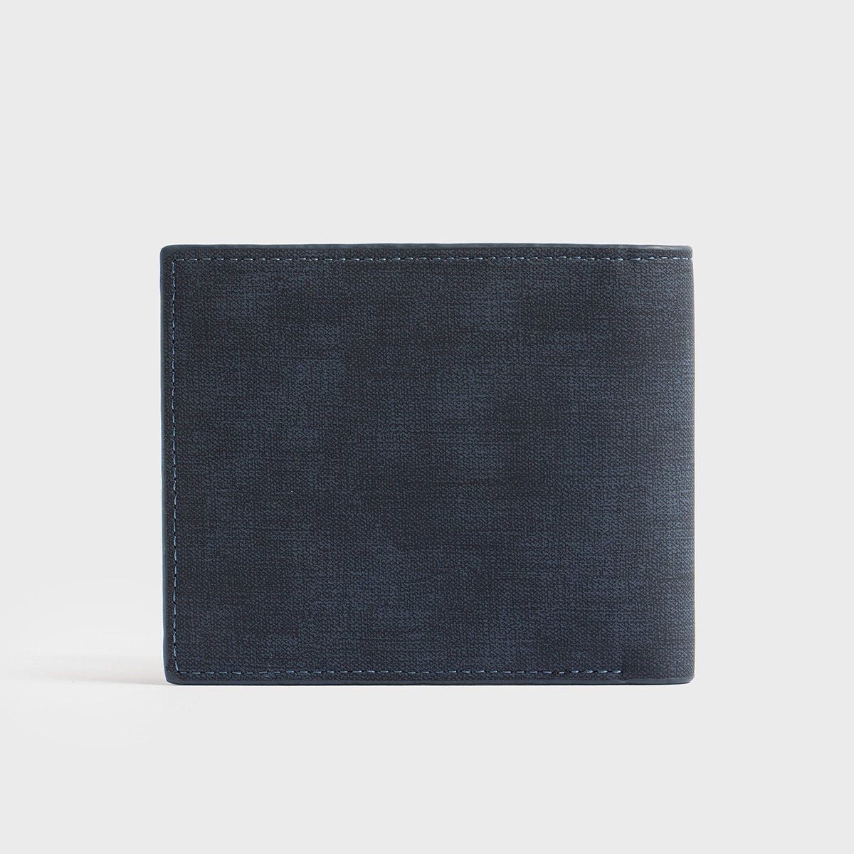 Men's Casual Bi-Fold Wallet in Blue and Grey, showcasing its smooth exterior and multiple pockets.